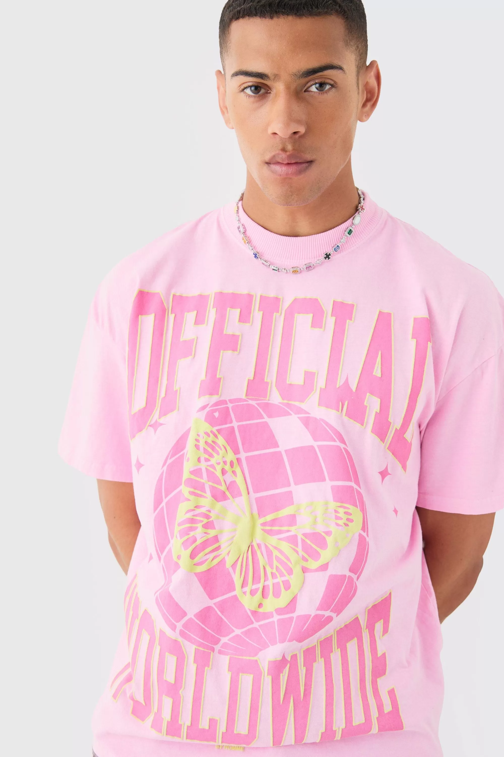 boohooMAN Oversized Extended Neck Puff Print Disco Ball Wash T-shirt | UK pink New