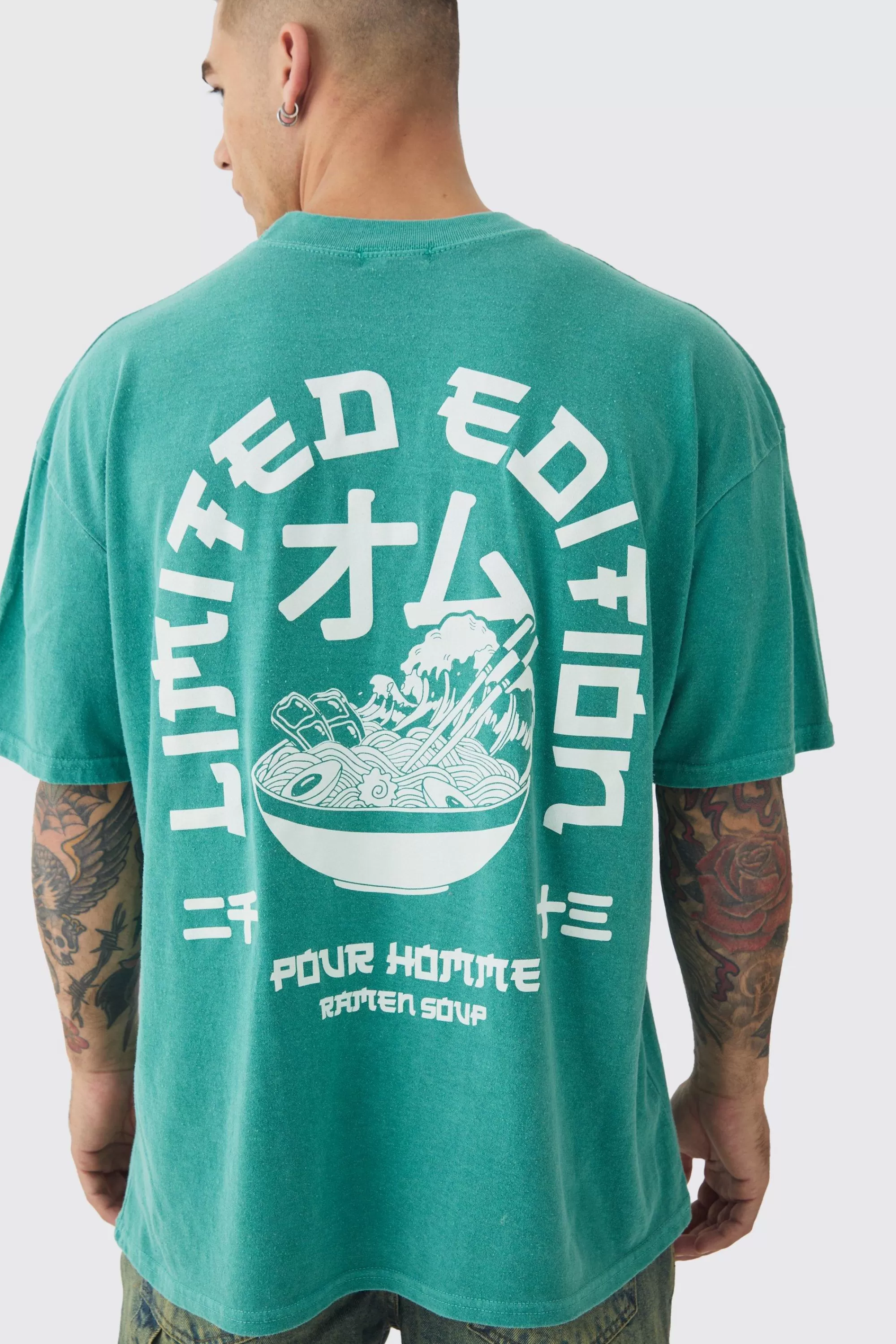 boohooMAN Oversized Extended Neck Ramen Print Wash T-shirt | UK teal Best Sale