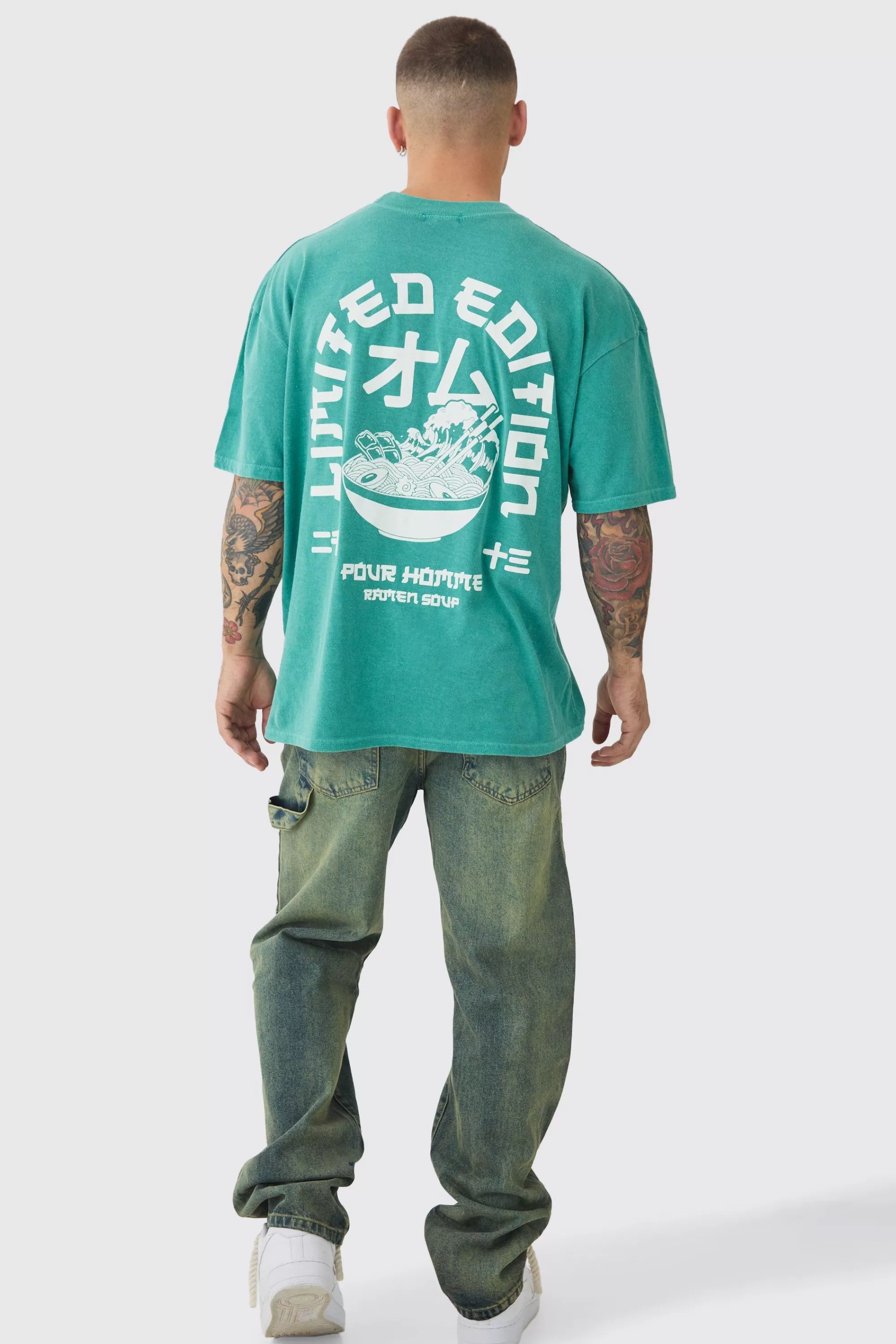 boohooMAN Oversized Extended Neck Ramen Print Wash T-shirt | UK teal Best Sale