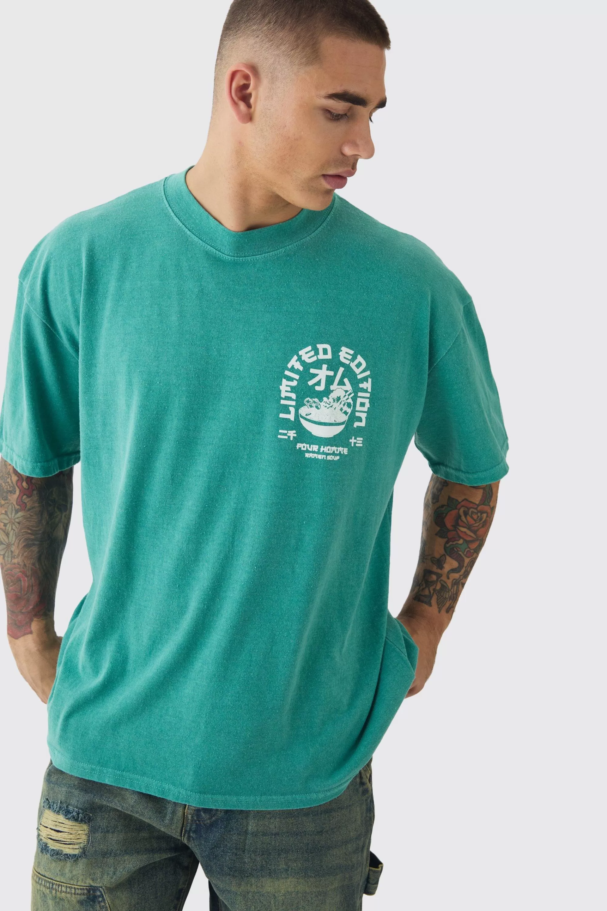 boohooMAN Oversized Extended Neck Ramen Print Wash T-shirt | UK teal Best Sale