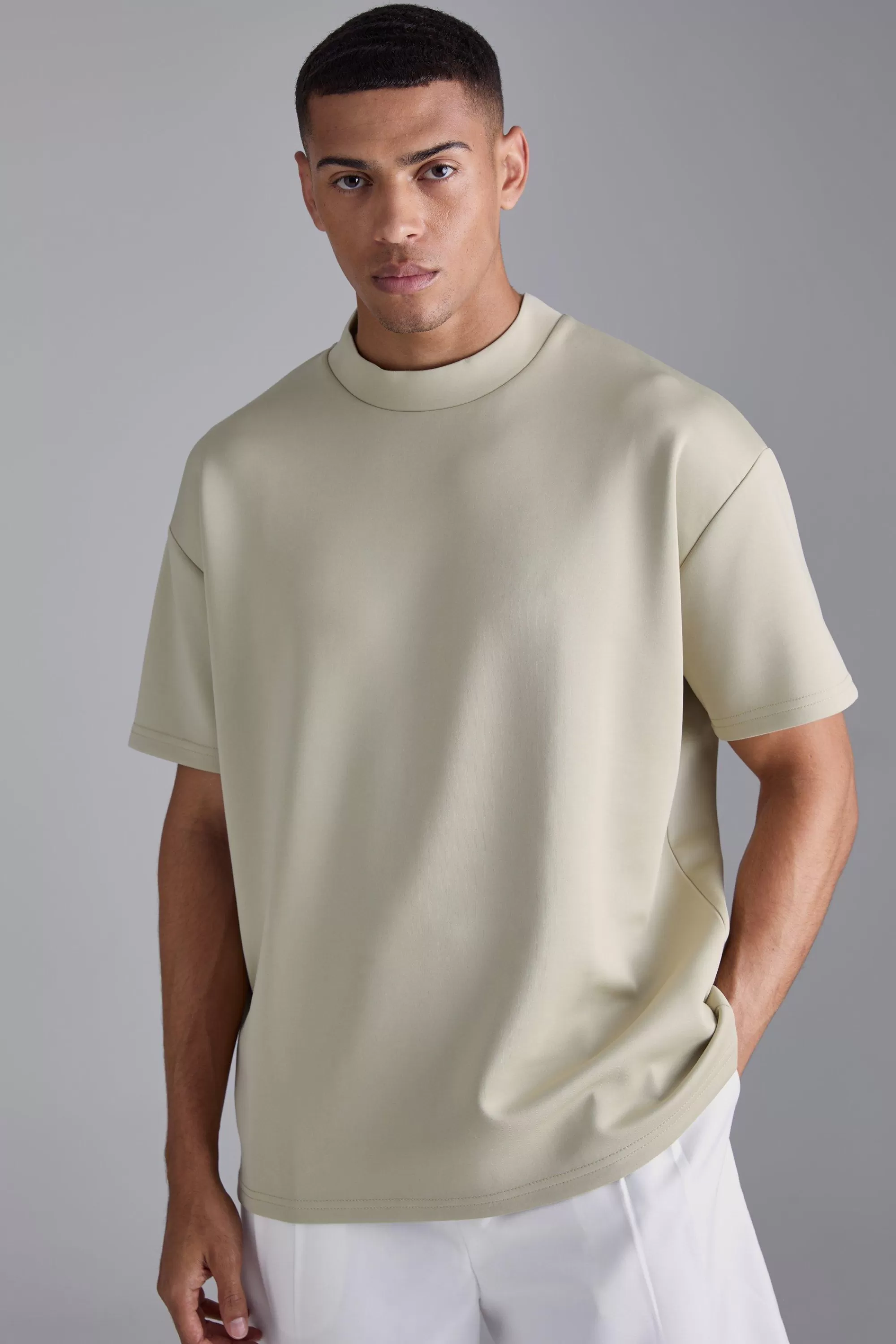 boohooMAN Oversized Extended Neck Scuba T-shirt | UK khaki Shop