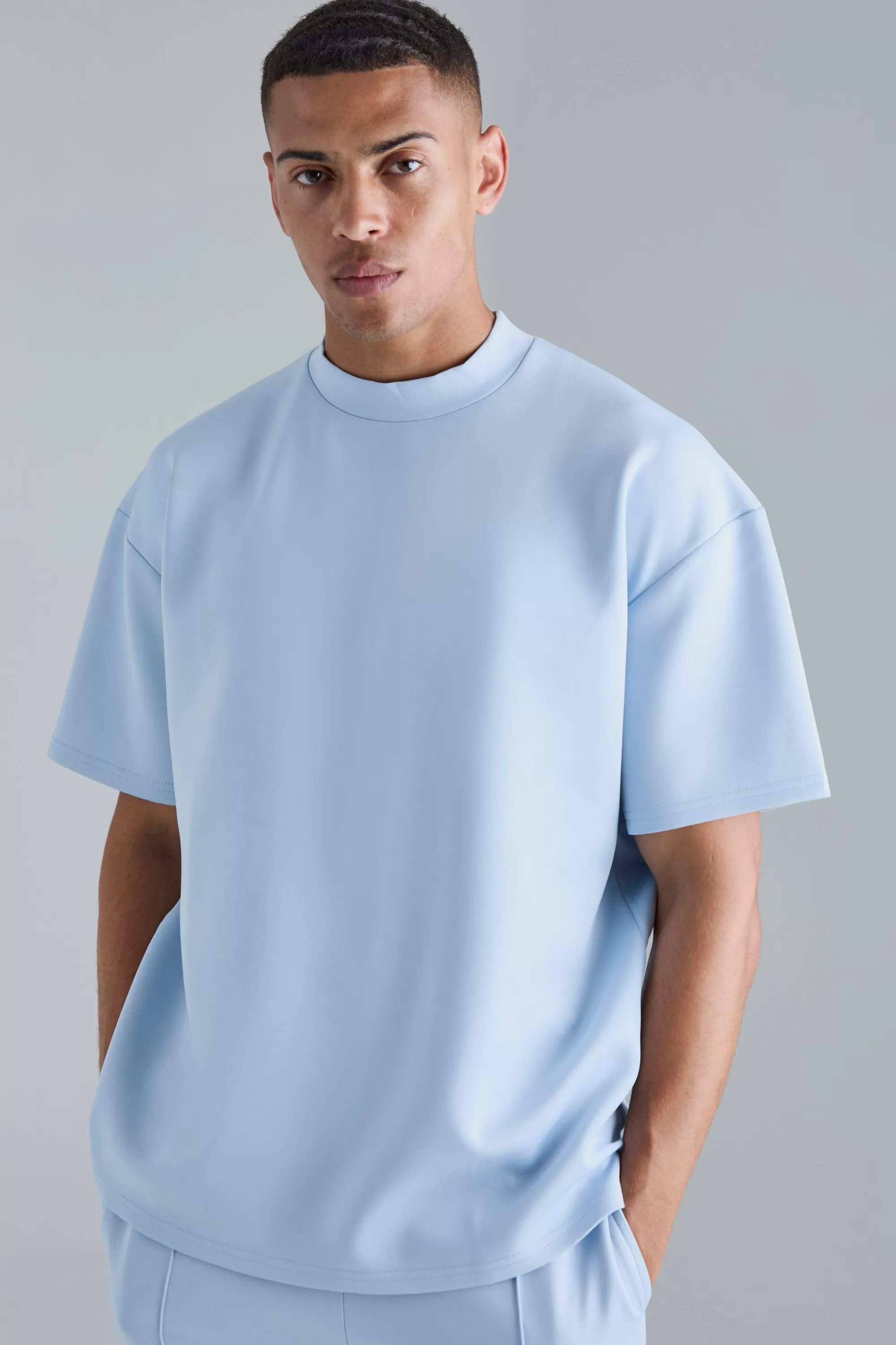 boohooMAN Oversized Extended Neck Scuba T-shirt | UK pastel blue Cheap