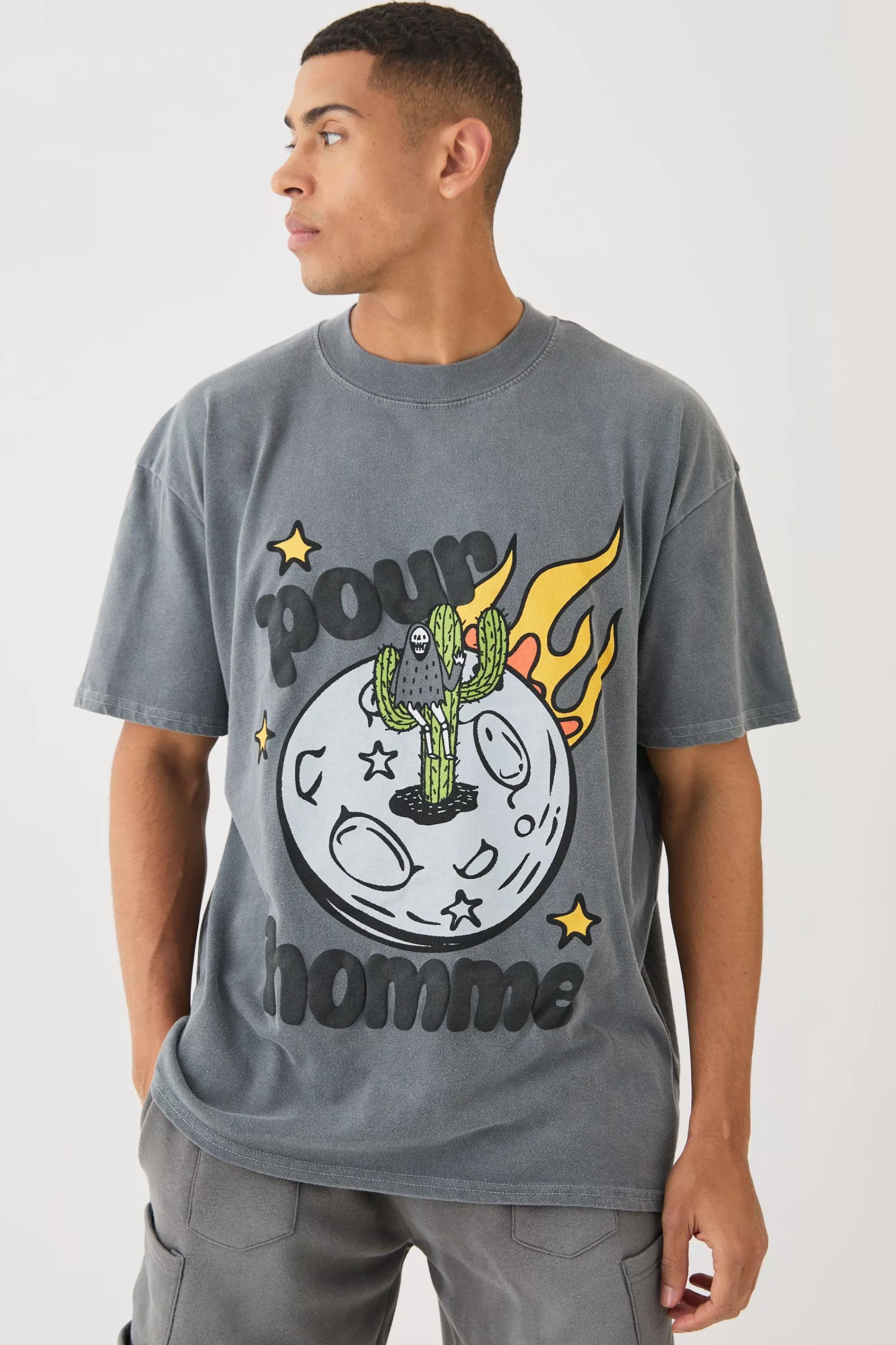 boohooMAN Oversized Extended Neck Space Puff Print T-shirt | UK charcoal Sale