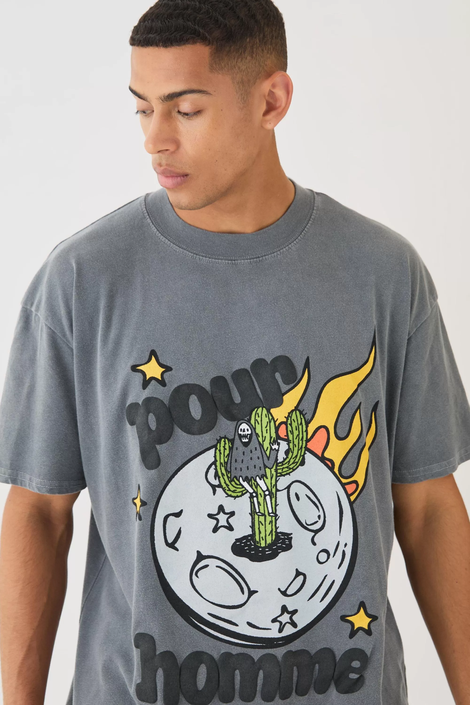 boohooMAN Oversized Extended Neck Space Puff Print T-shirt | UK charcoal Sale