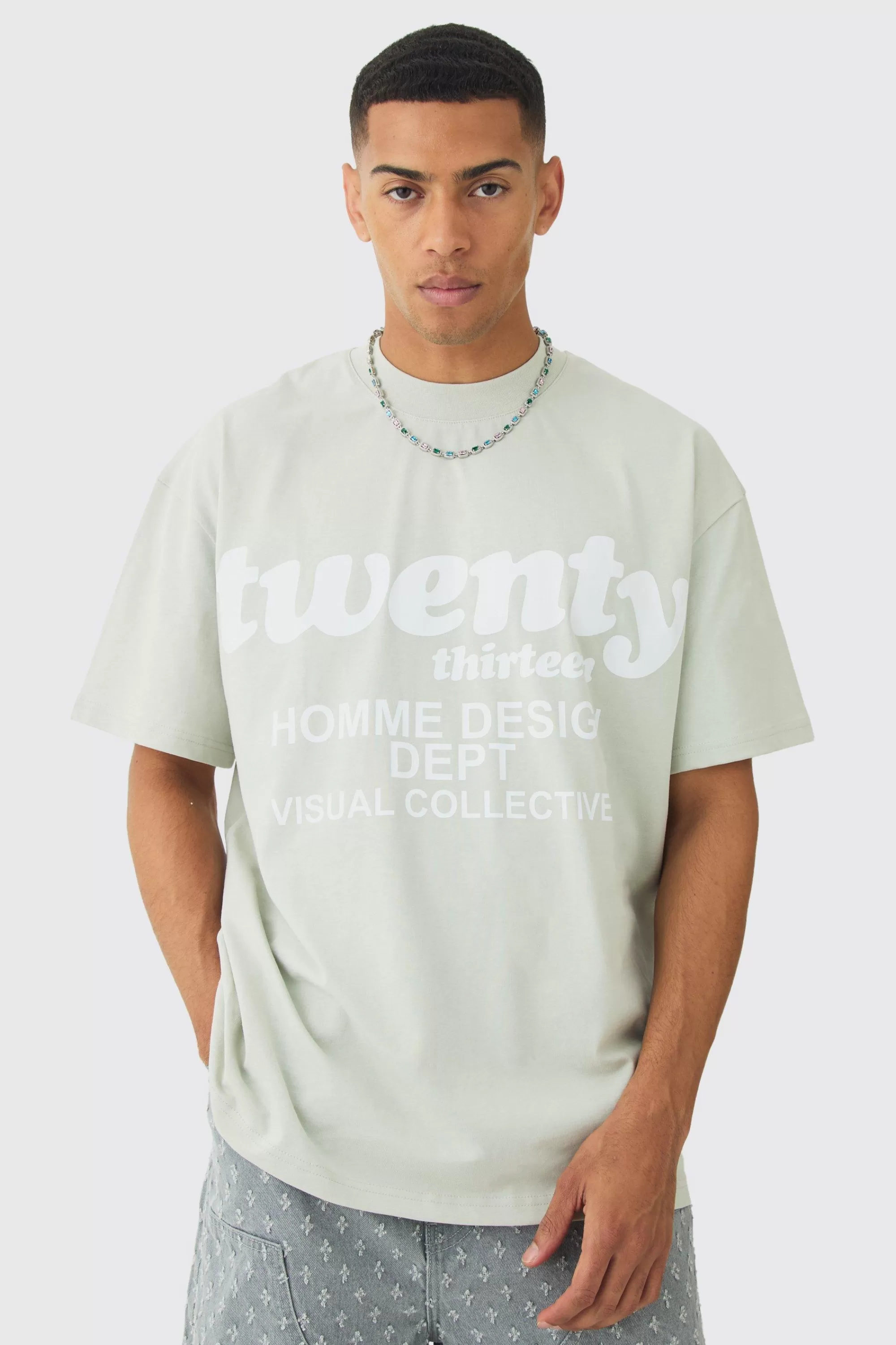 boohooMAN Oversized Extended Neck Twenty Graphic T-shirt | UK khaki Fashion