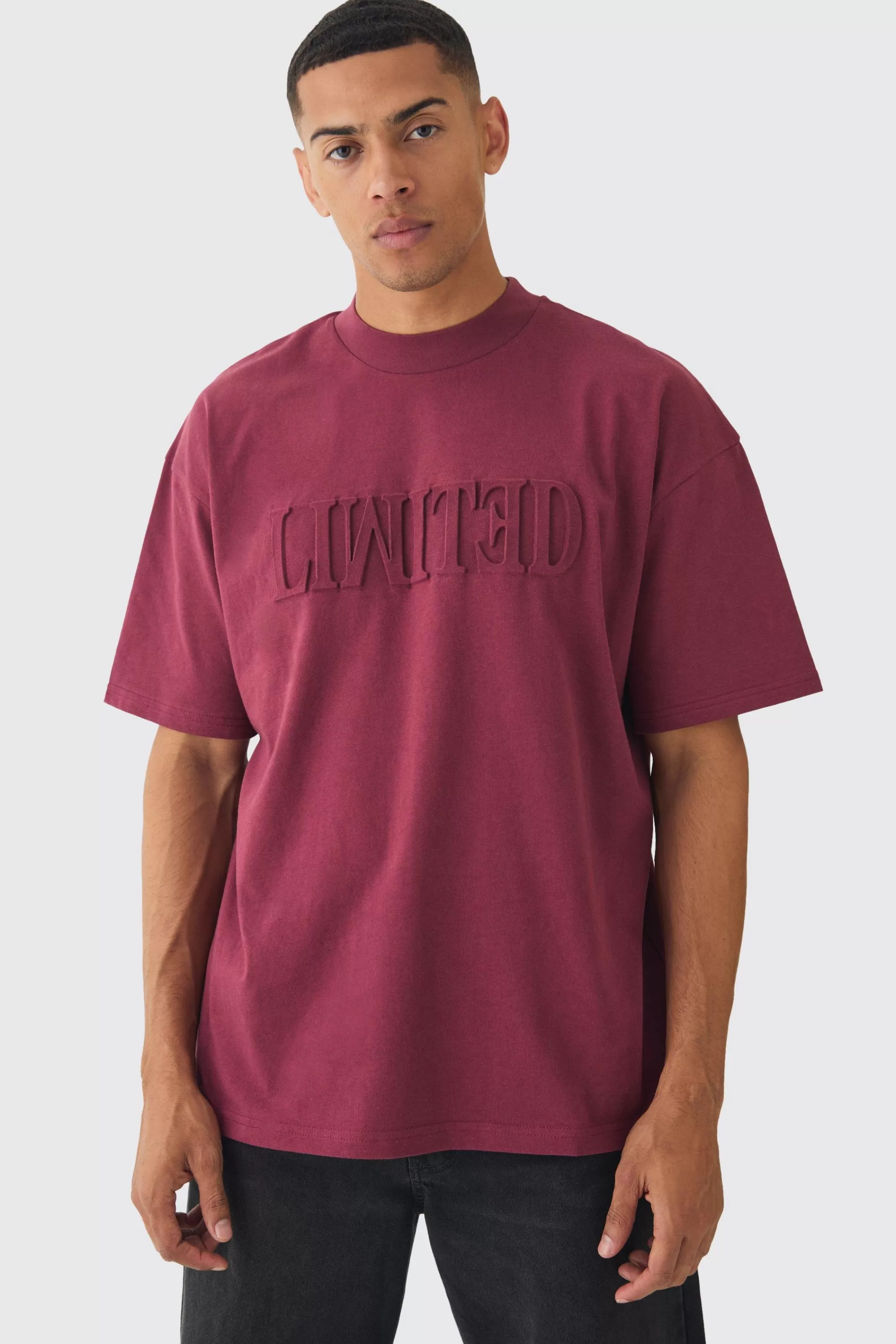 boohooMAN Oversized Extended Neck Varsity Embossed T-Shirt | UK burgundy Shop