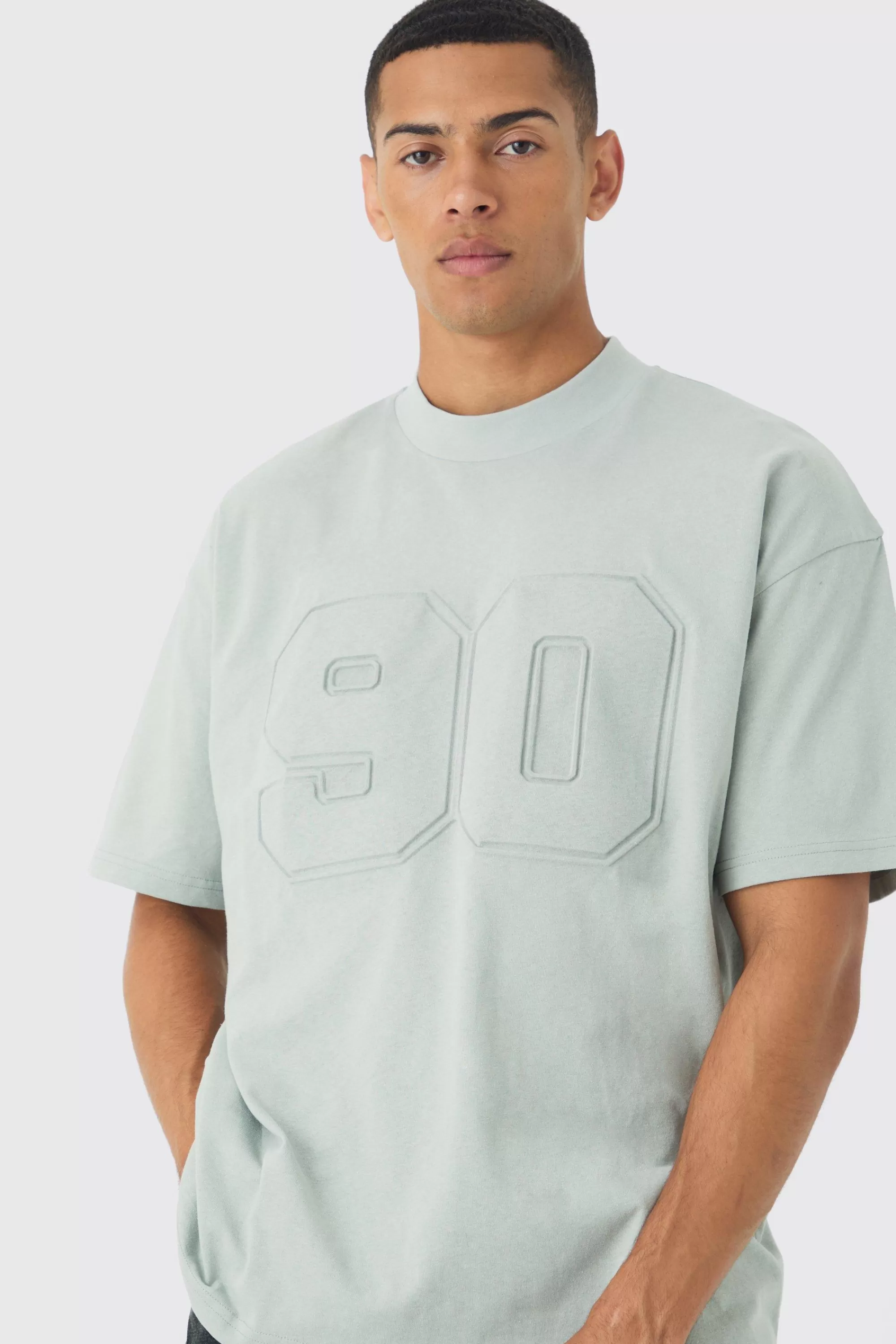 boohooMAN Oversized Extended Neck Varsity Embossed T-Shirt | UK sage Discount