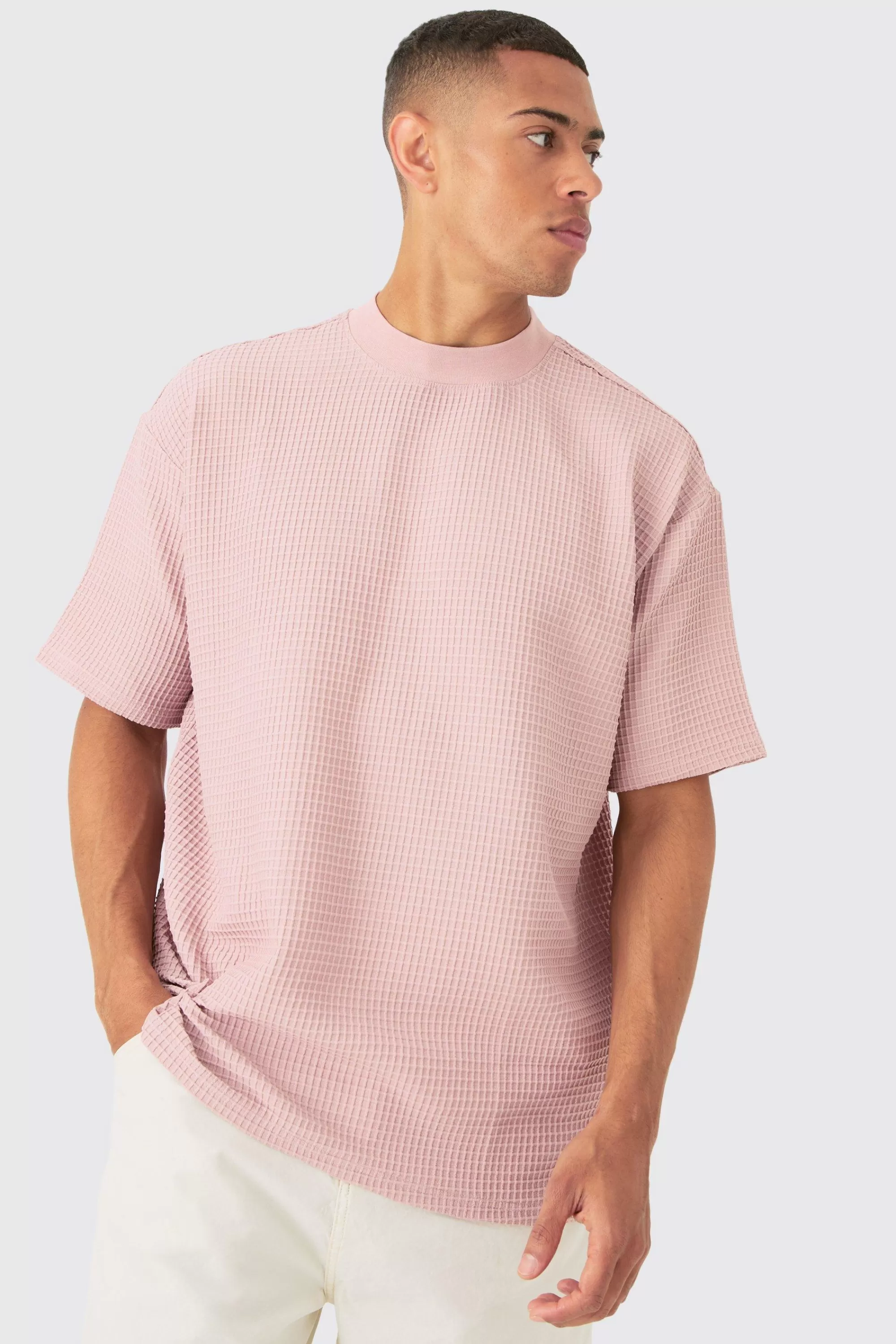 boohooMAN Oversized Extended Neck Waffle T-shirt | UK dusty pink Hot