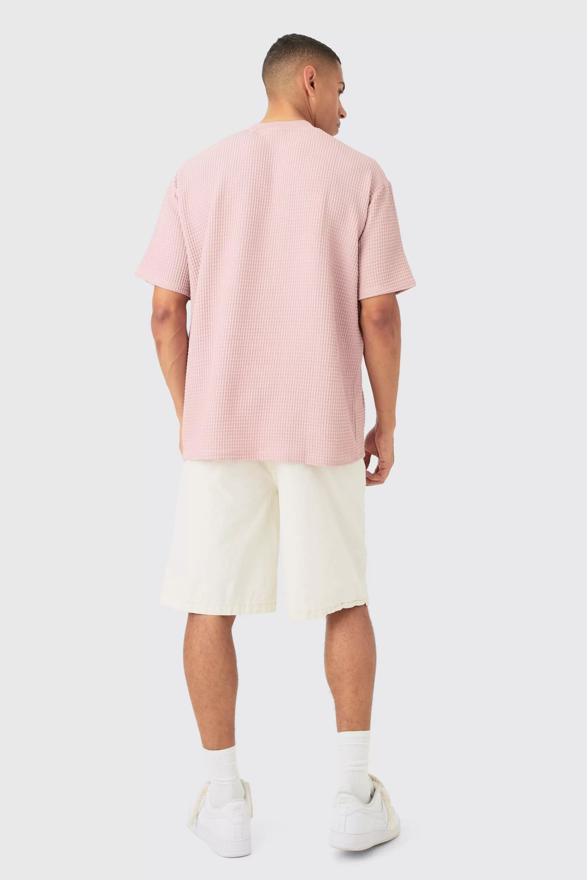 boohooMAN Oversized Extended Neck Waffle T-shirt | UK dusty pink Hot