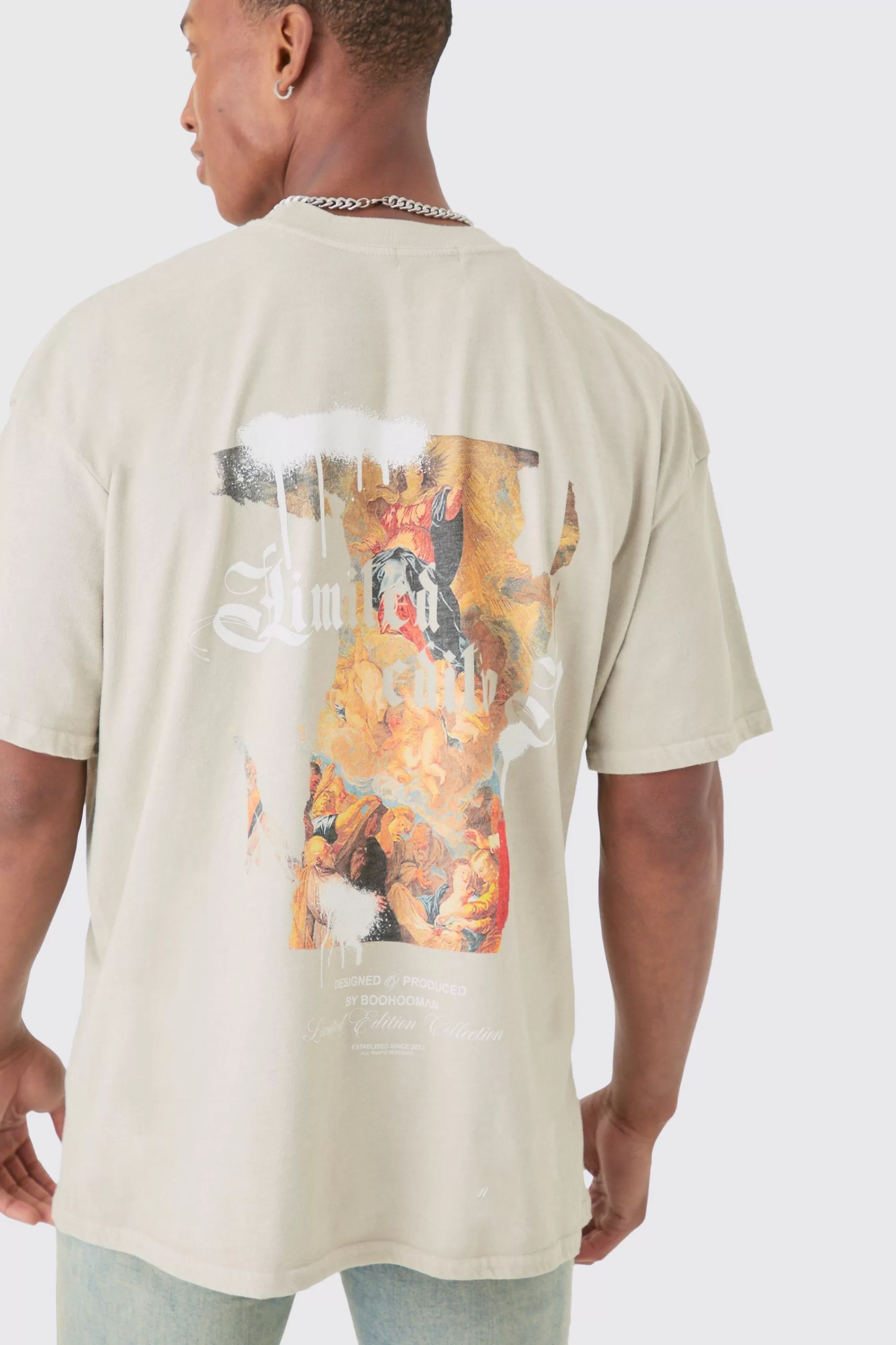 boohooMAN Oversized Extended Neck Wash Renaissance Back Print T-shirt | UK sand Cheap