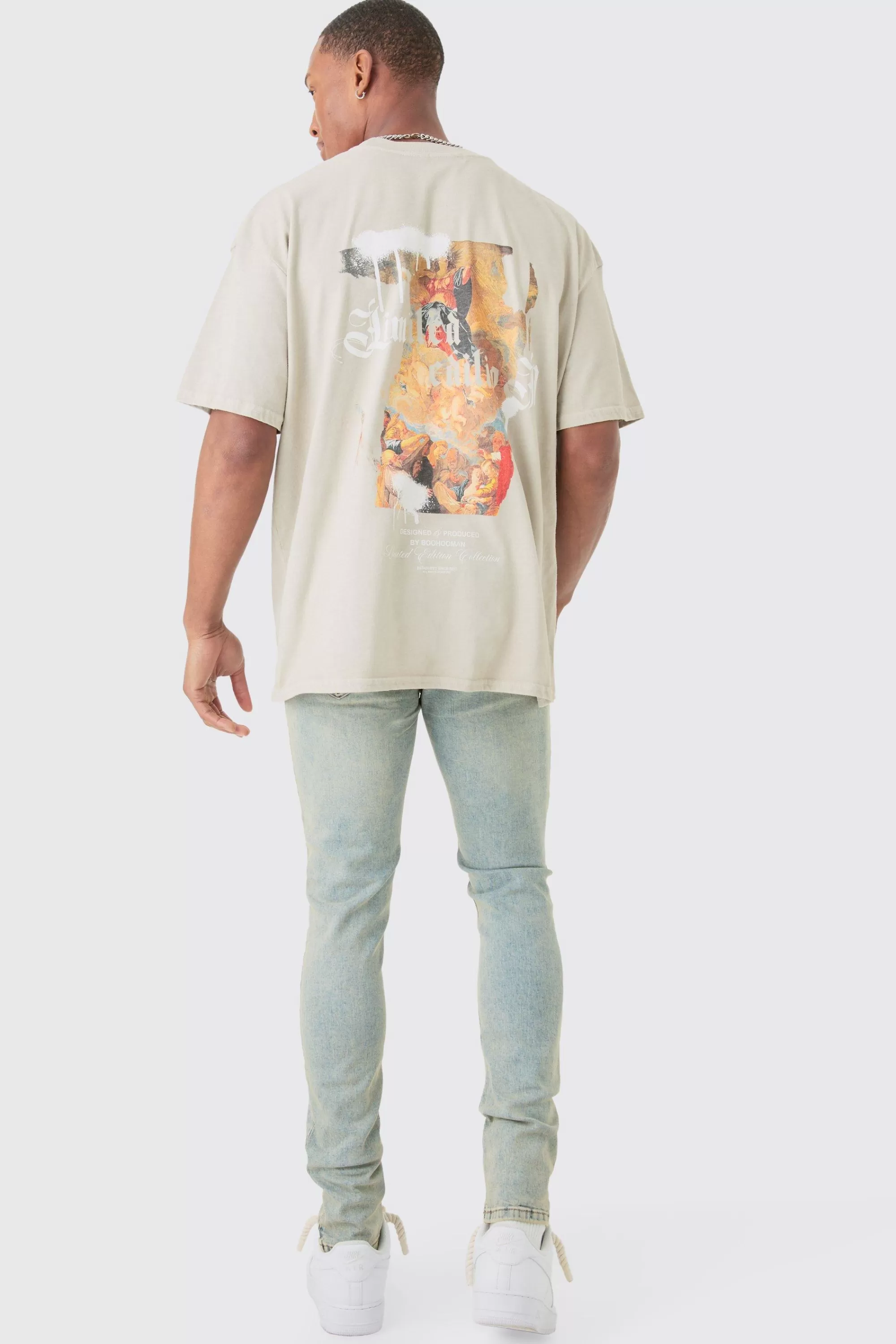 boohooMAN Oversized Extended Neck Wash Renaissance Back Print T-shirt | UK sand Cheap