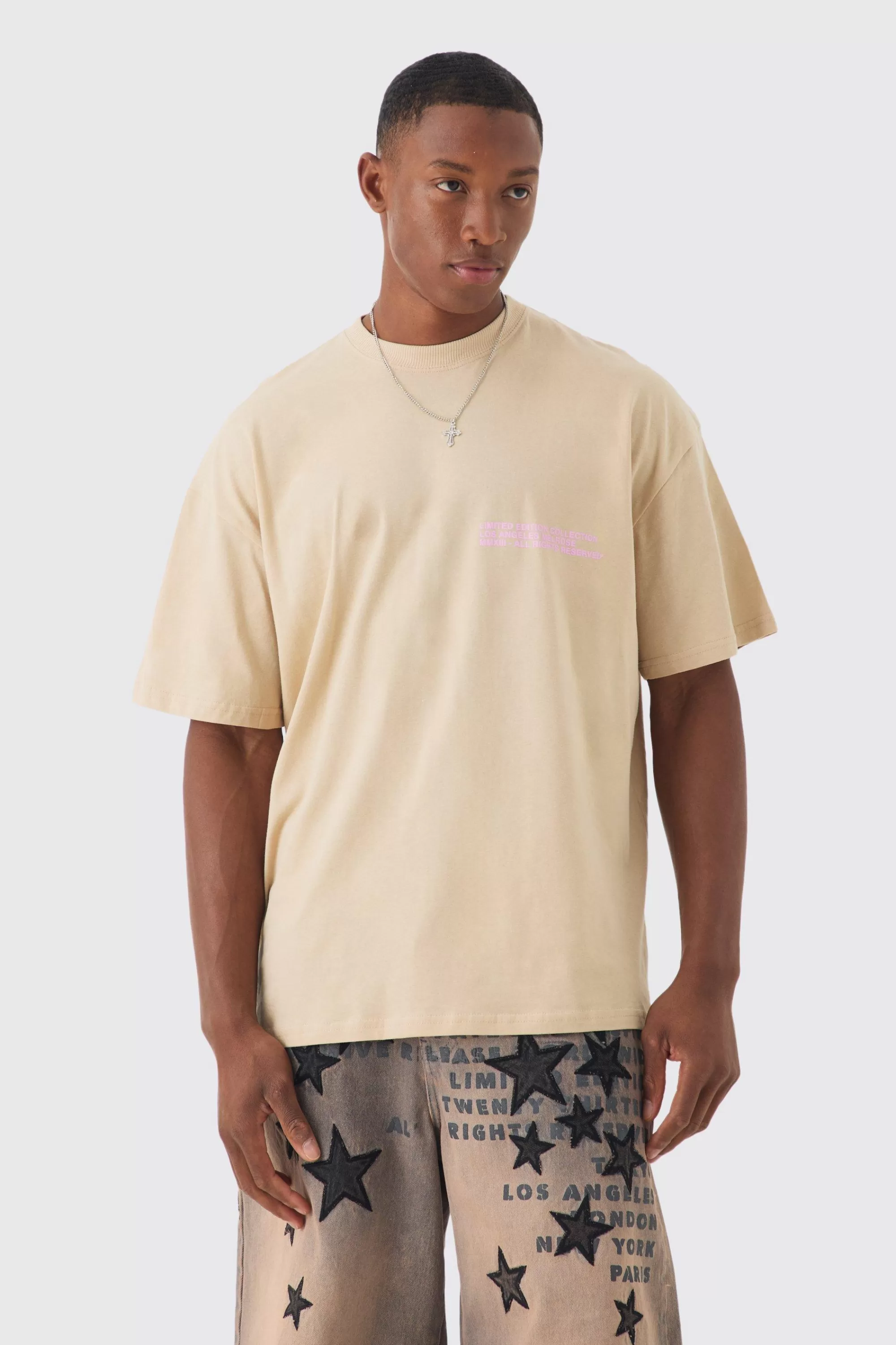 boohooMAN Oversized Extended Neck Washed Limited Edition T-shirt | UK sand Clearance