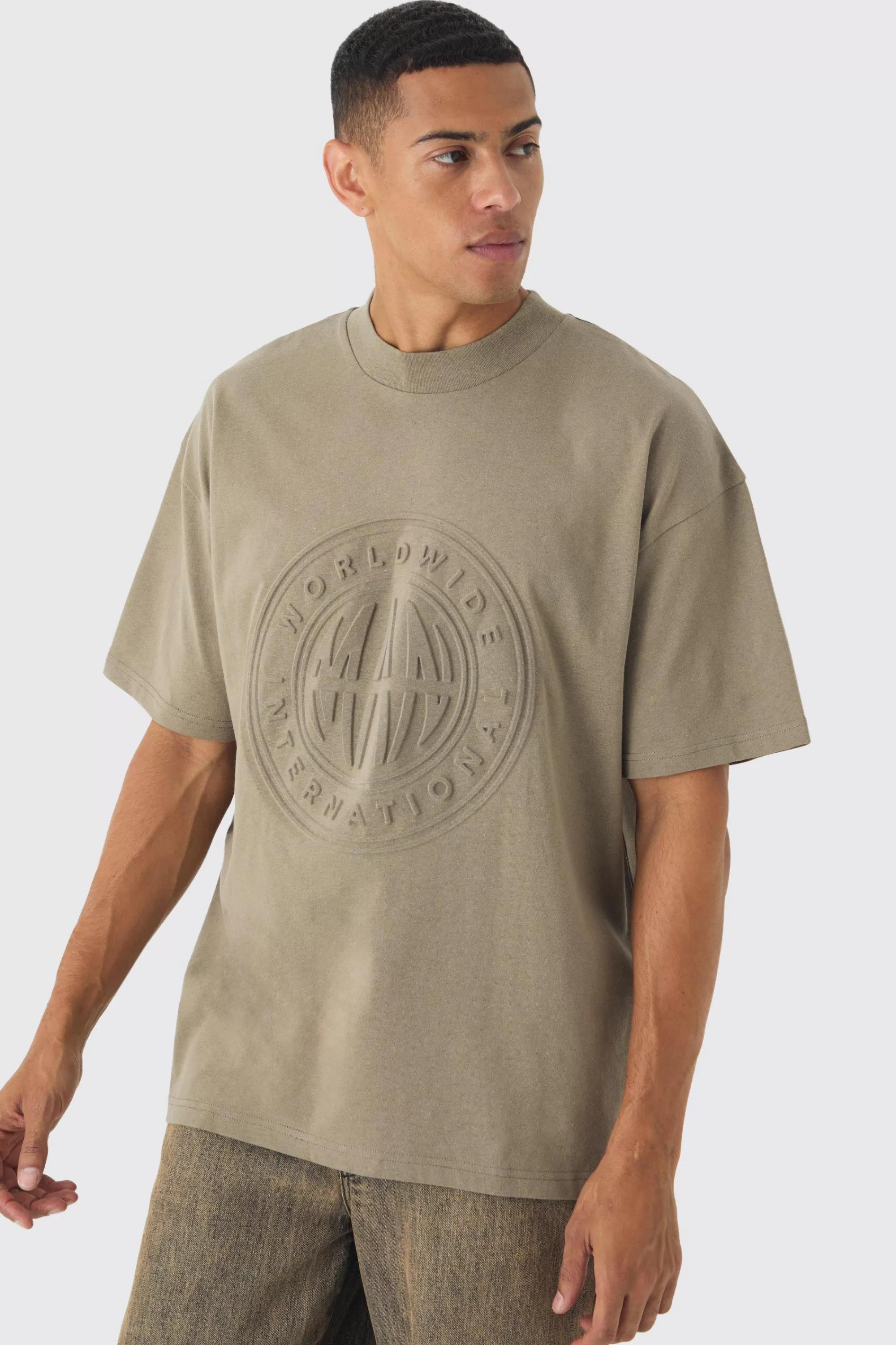 boohooMAN Oversized Extended Neck Worldwide Embossed T-Shirt | UK khaki Discount