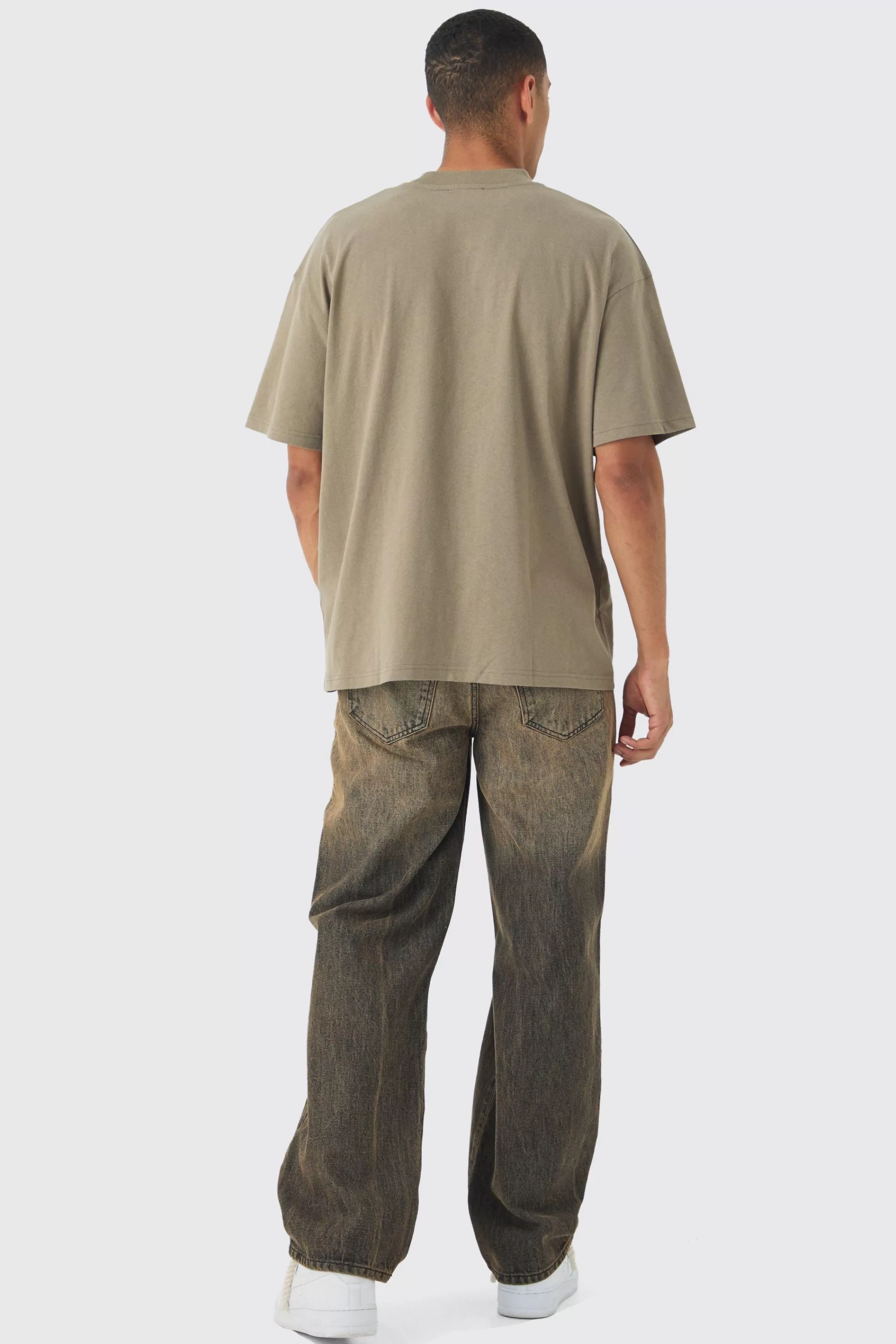 boohooMAN Oversized Extended Neck Worldwide Embossed T-Shirt | UK khaki Discount