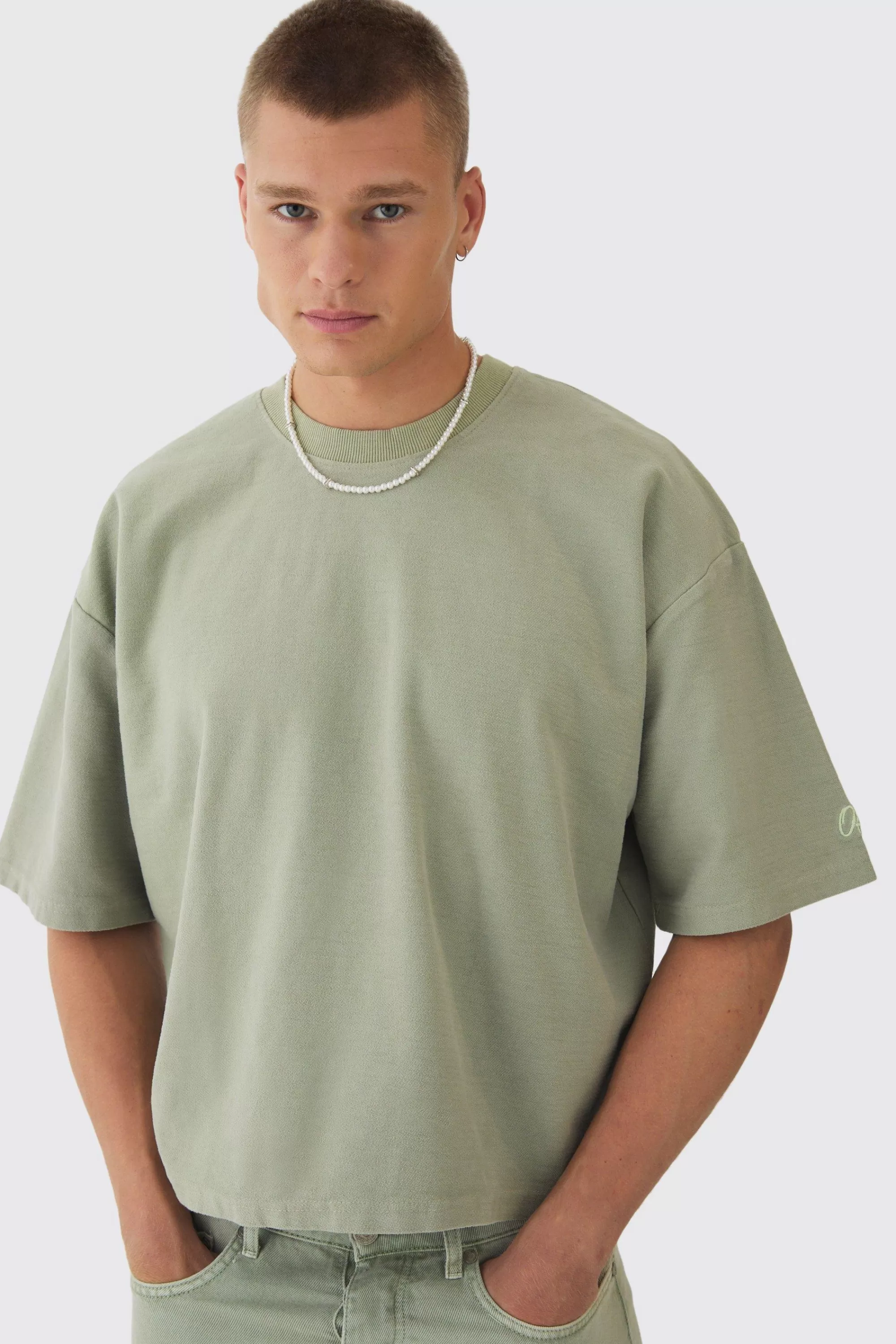 boohooMAN Oversized Extra Boxy Half Sleeve Reverse Loopback T-shirt | UK khaki Best