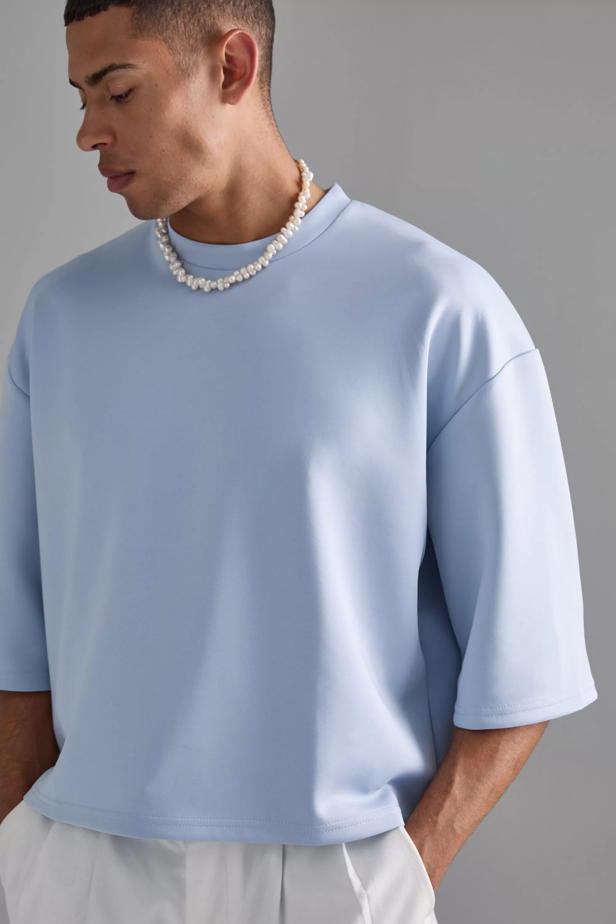 boohooMAN Oversized Extra Boxy Half Sleeve Scuba T-shirt | UK pastel blue Flash Sale
