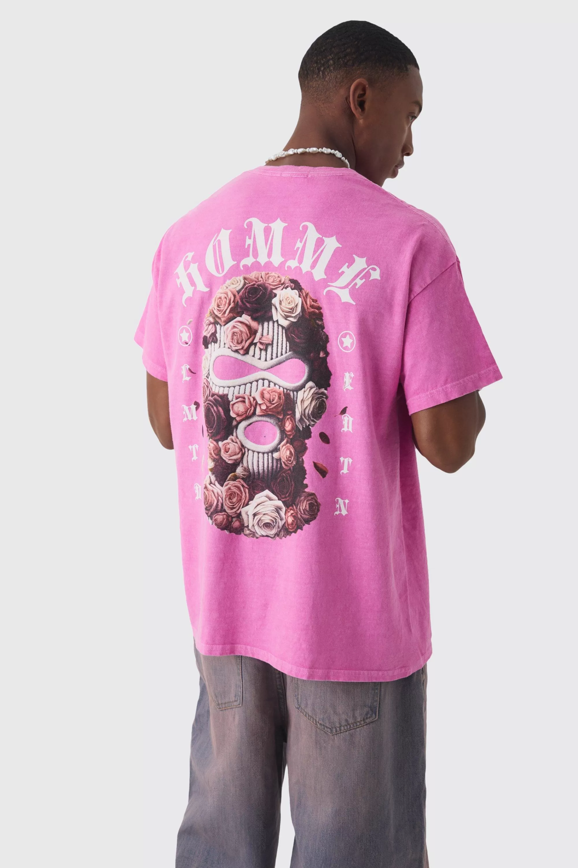 boohooMAN Oversized Floral Mask Graphic Wash T-shirt | UK pink Discount