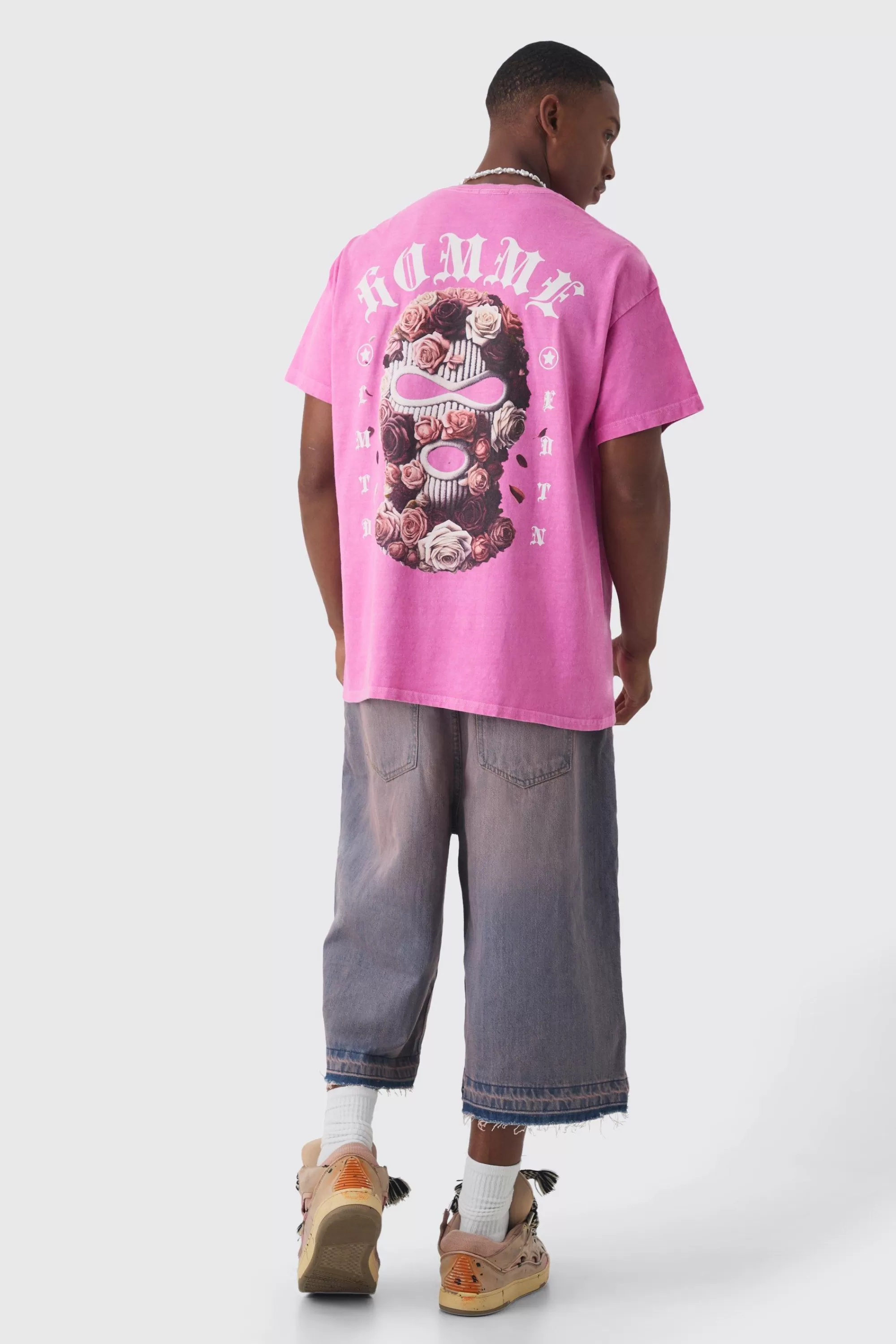 boohooMAN Oversized Floral Mask Graphic Wash T-shirt | UK pink Discount