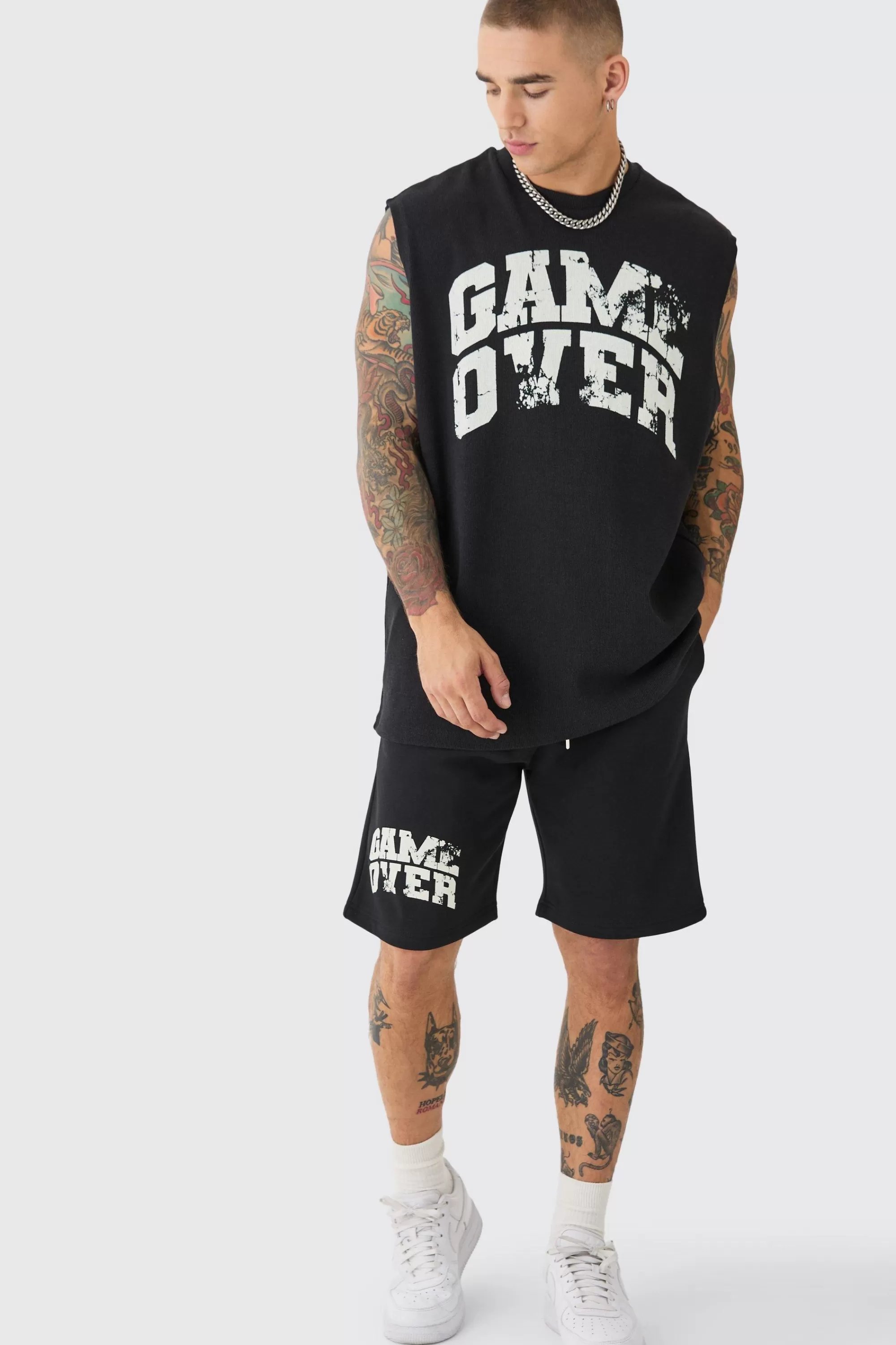 boohooMAN Oversized Game Over Rib Printed Tank & Shorts Set | UK black Best