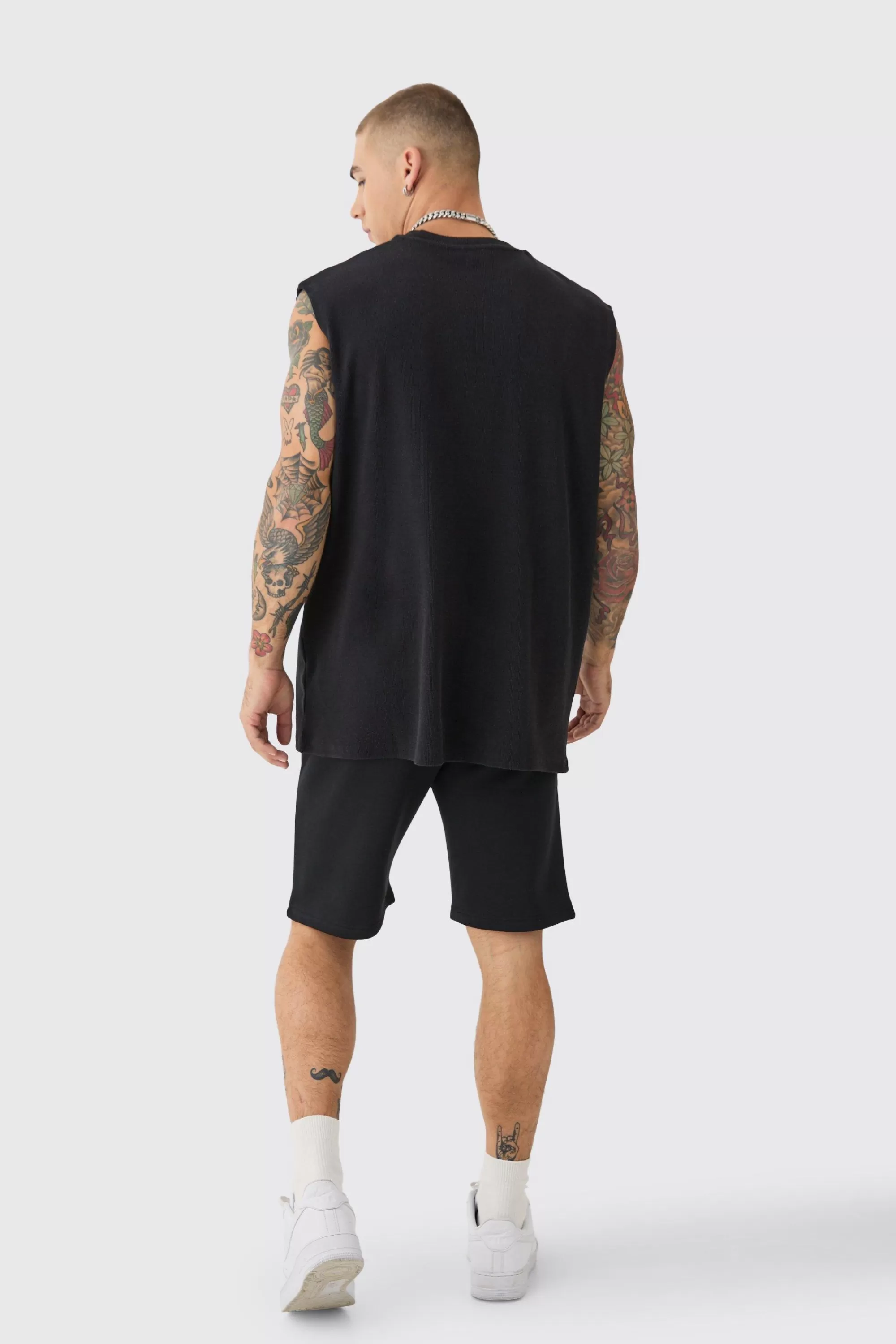 boohooMAN Oversized Game Over Rib Printed Tank & Shorts Set | UK black Best