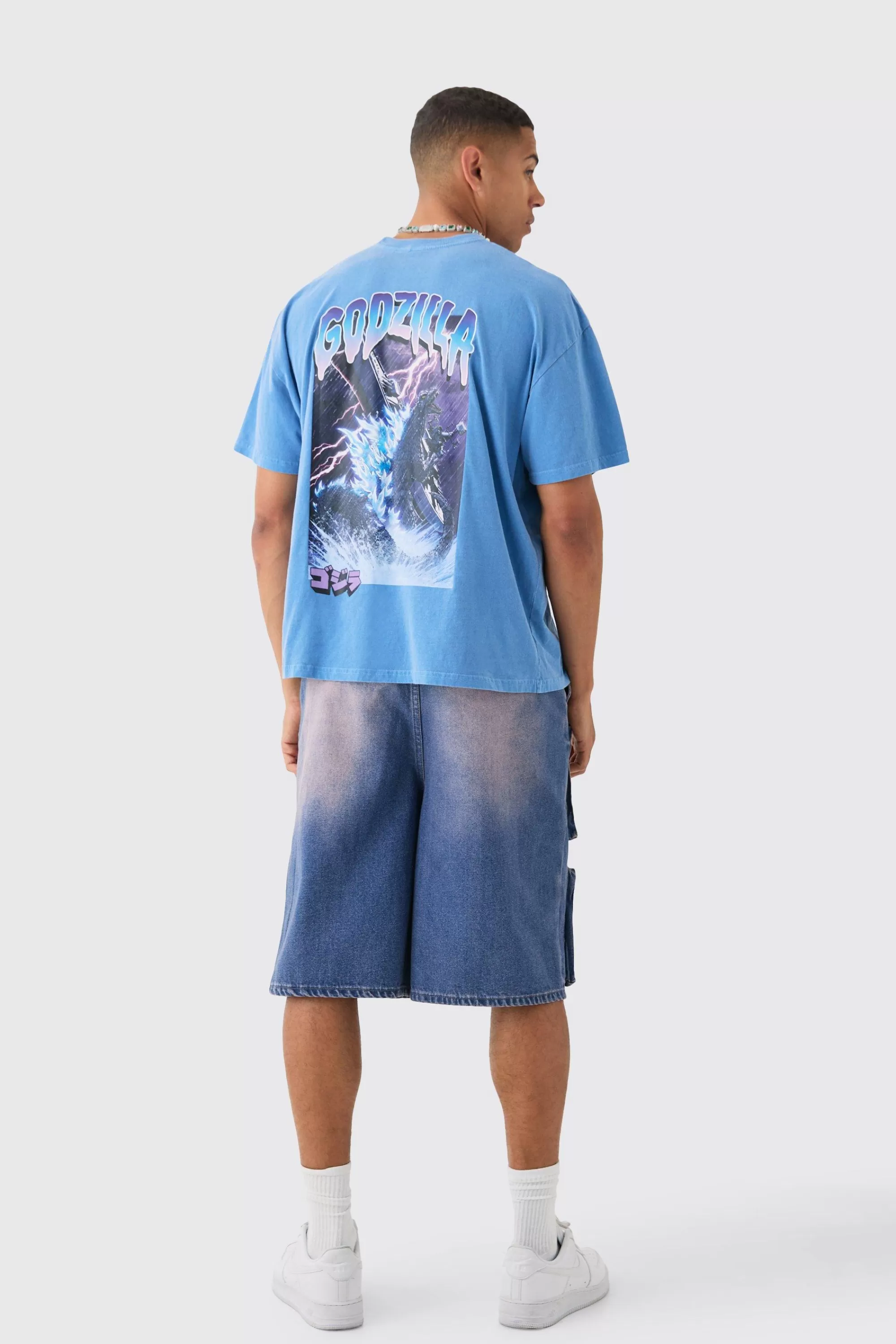 boohooMAN Oversized Godzilla Anime Wash License Back Print T-shirt | UK blue Flash Sale