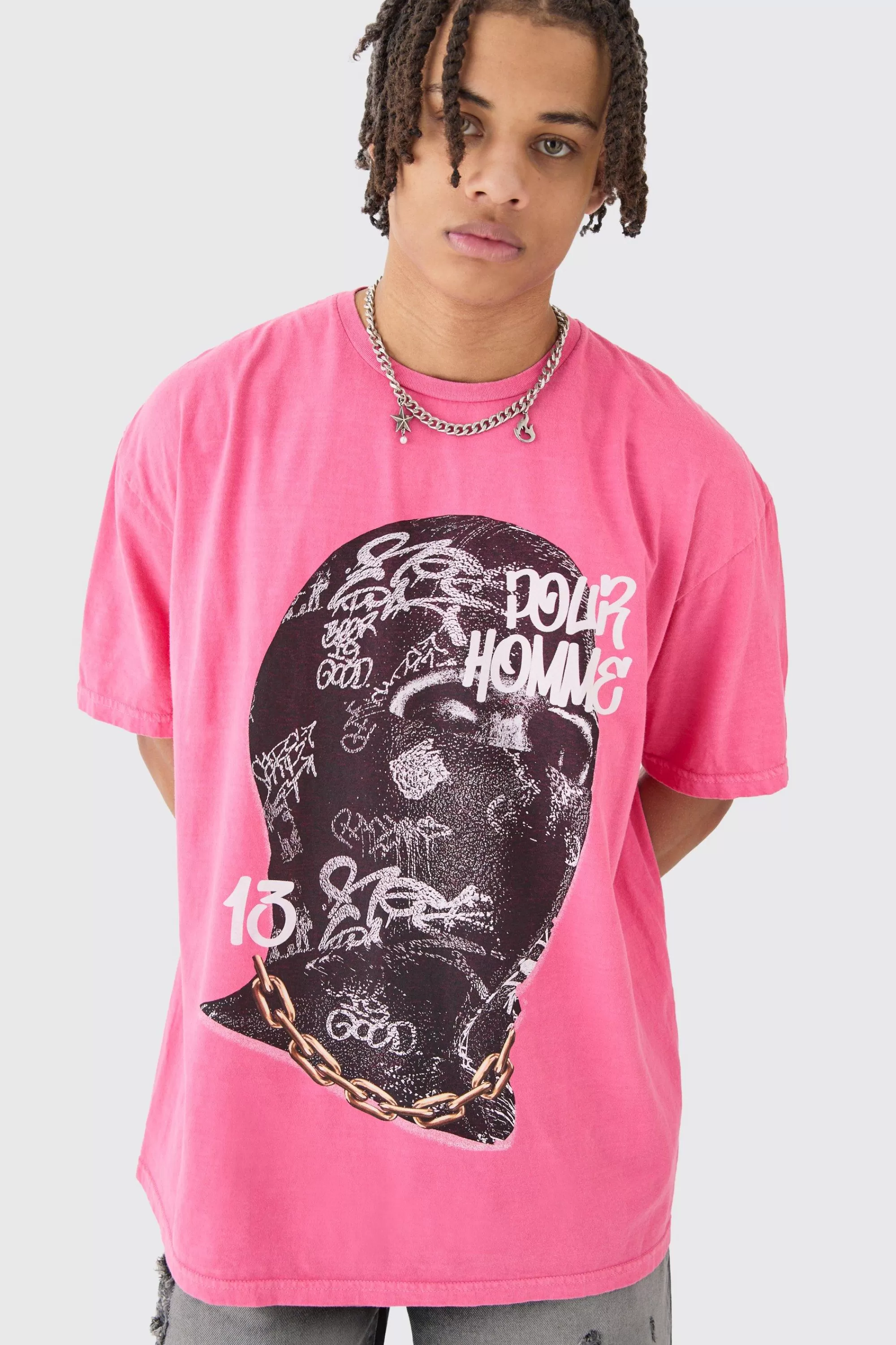 boohooMAN Oversized Graffiti Pour Homme Mask Graphic Wash T-shirt | UK pink Clearance
