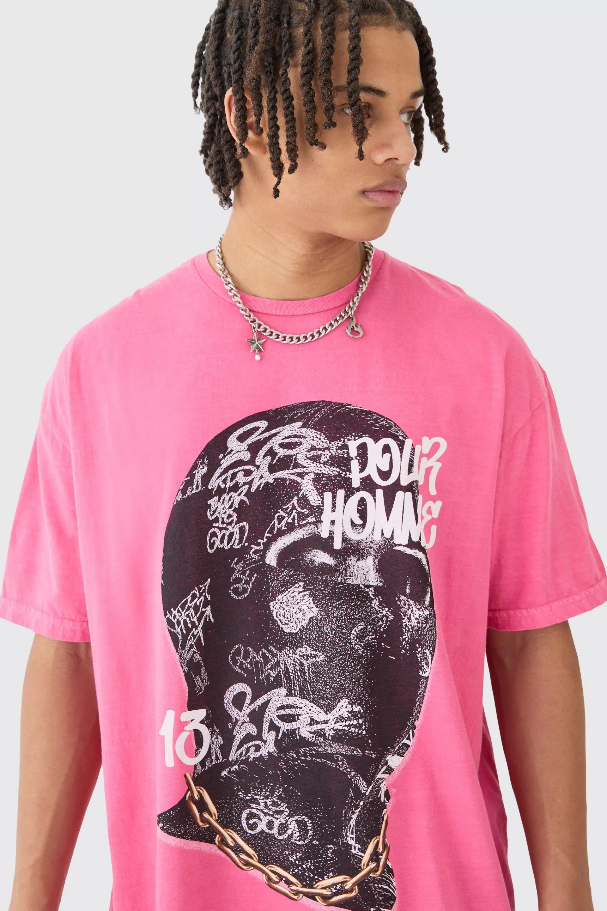 boohooMAN Oversized Graffiti Pour Homme Mask Graphic Wash T-shirt | UK pink Clearance