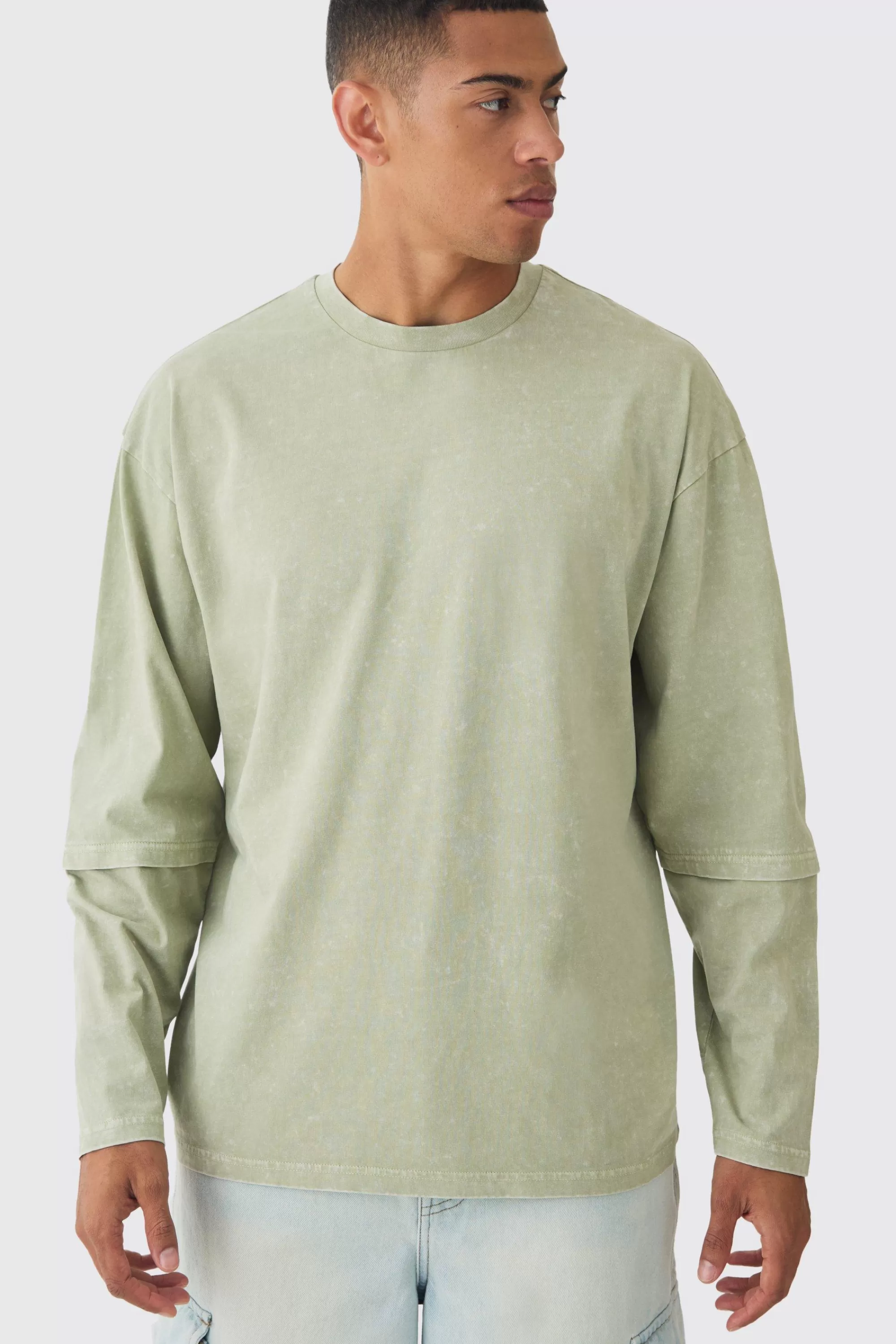boohooMAN Oversized Half Faux Layer Oil Wash T-shirt | UK khaki Flash Sale