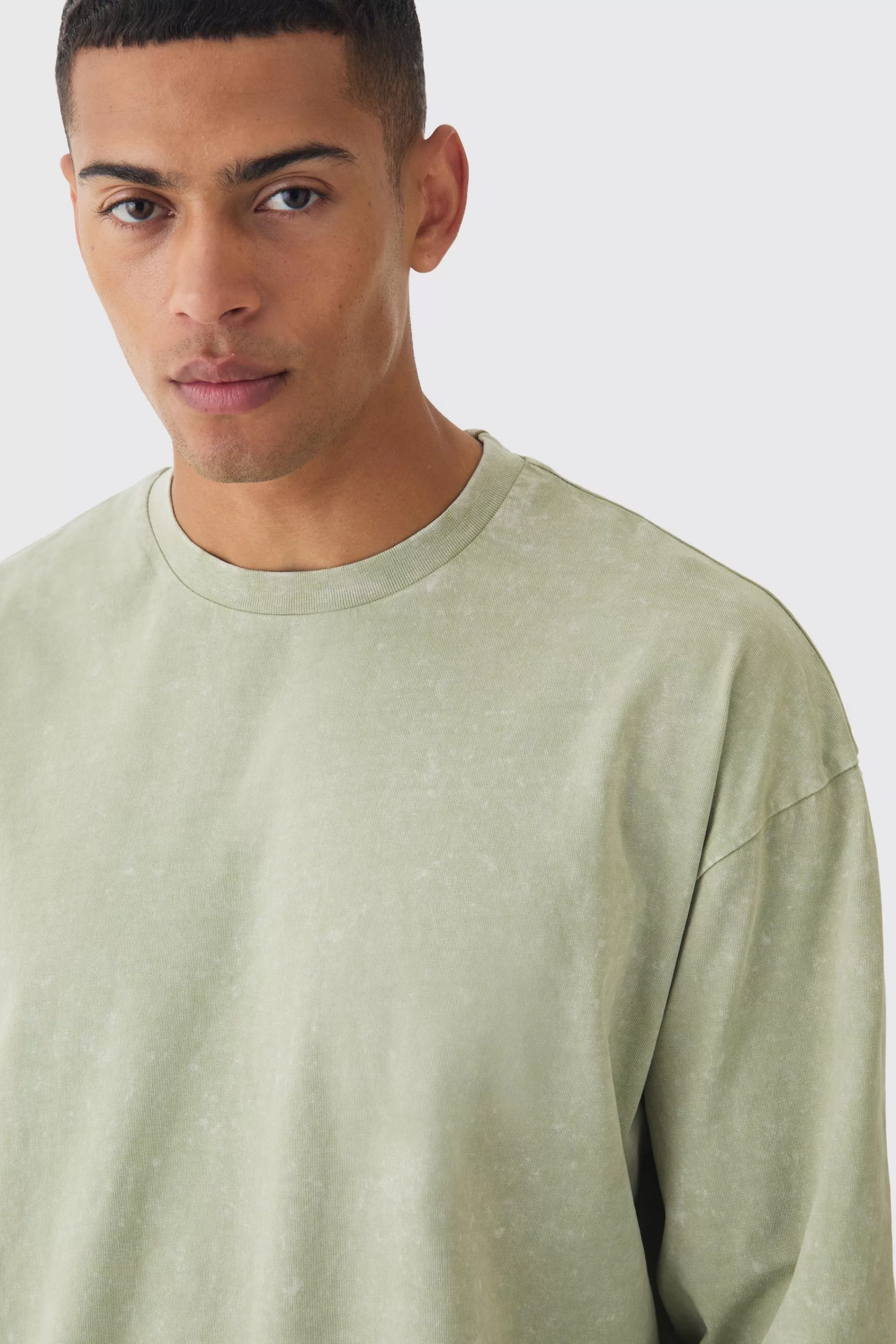 boohooMAN Oversized Half Faux Layer Oil Wash T-shirt | UK khaki Flash Sale