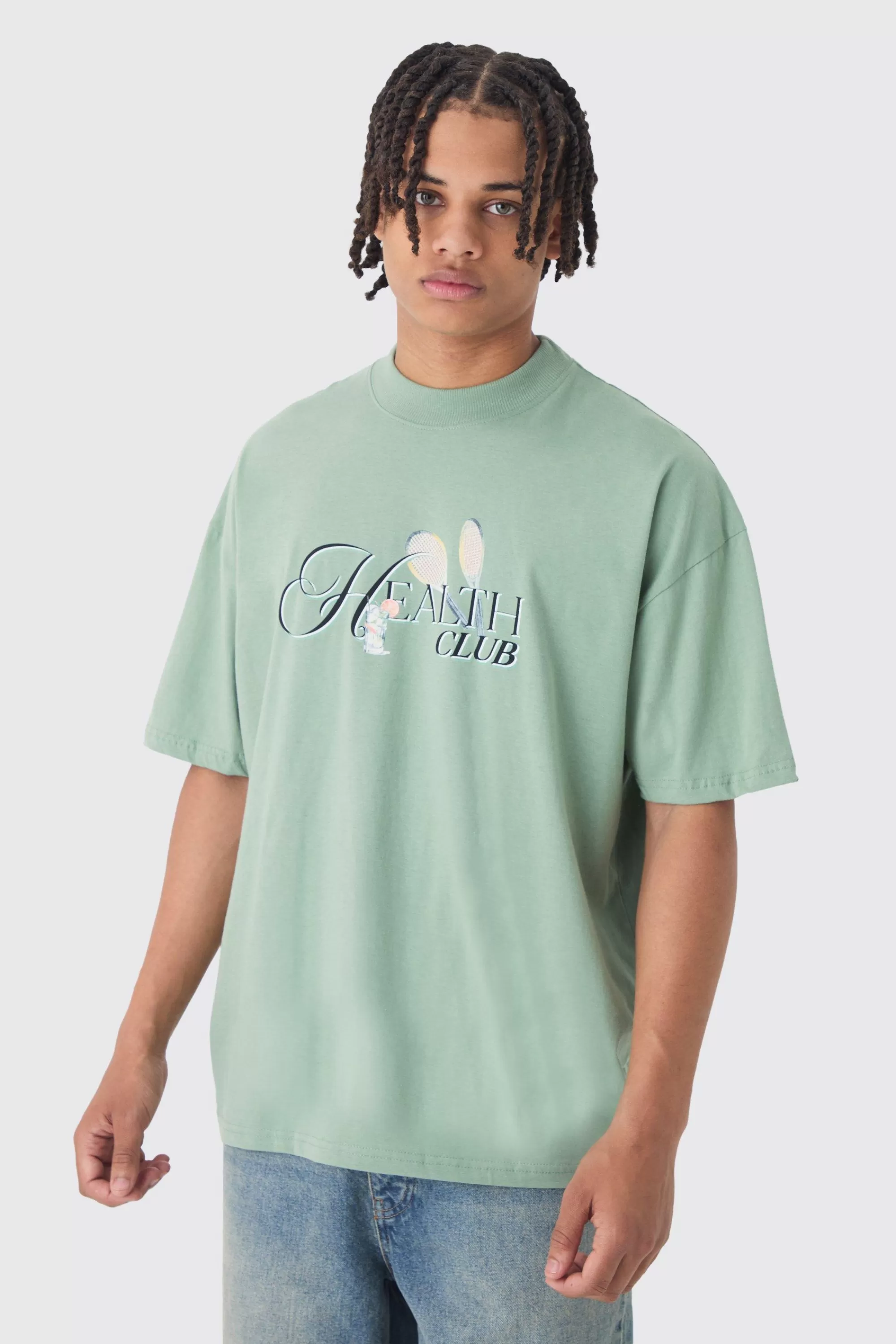 boohooMAN Oversized Health Club Wash Back Print T-Shirt | UK sage New