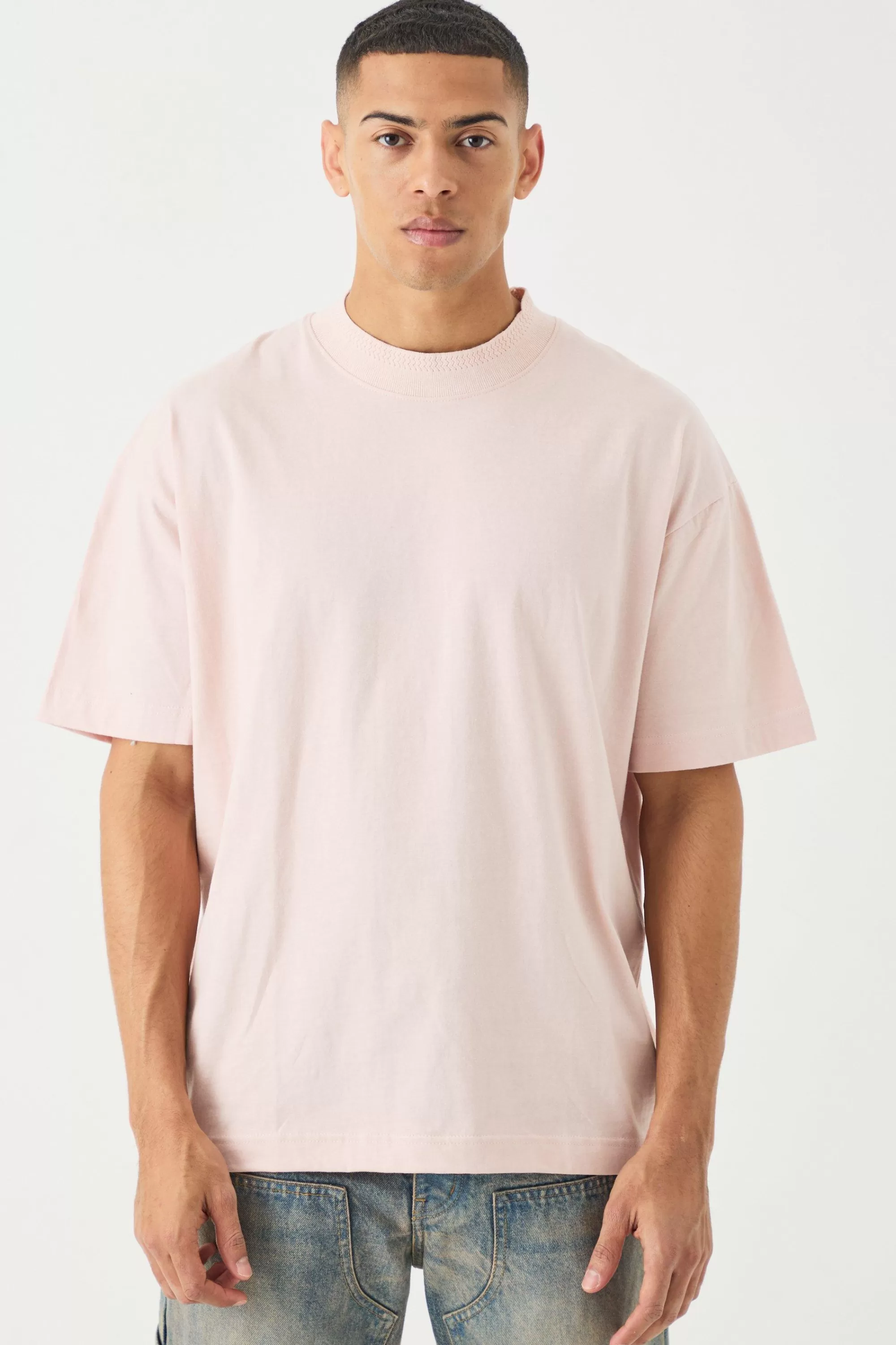 boohooMAN Oversized Heavy Extended Jacqaurd Neck T-shirt | UK pastel pink Outlet