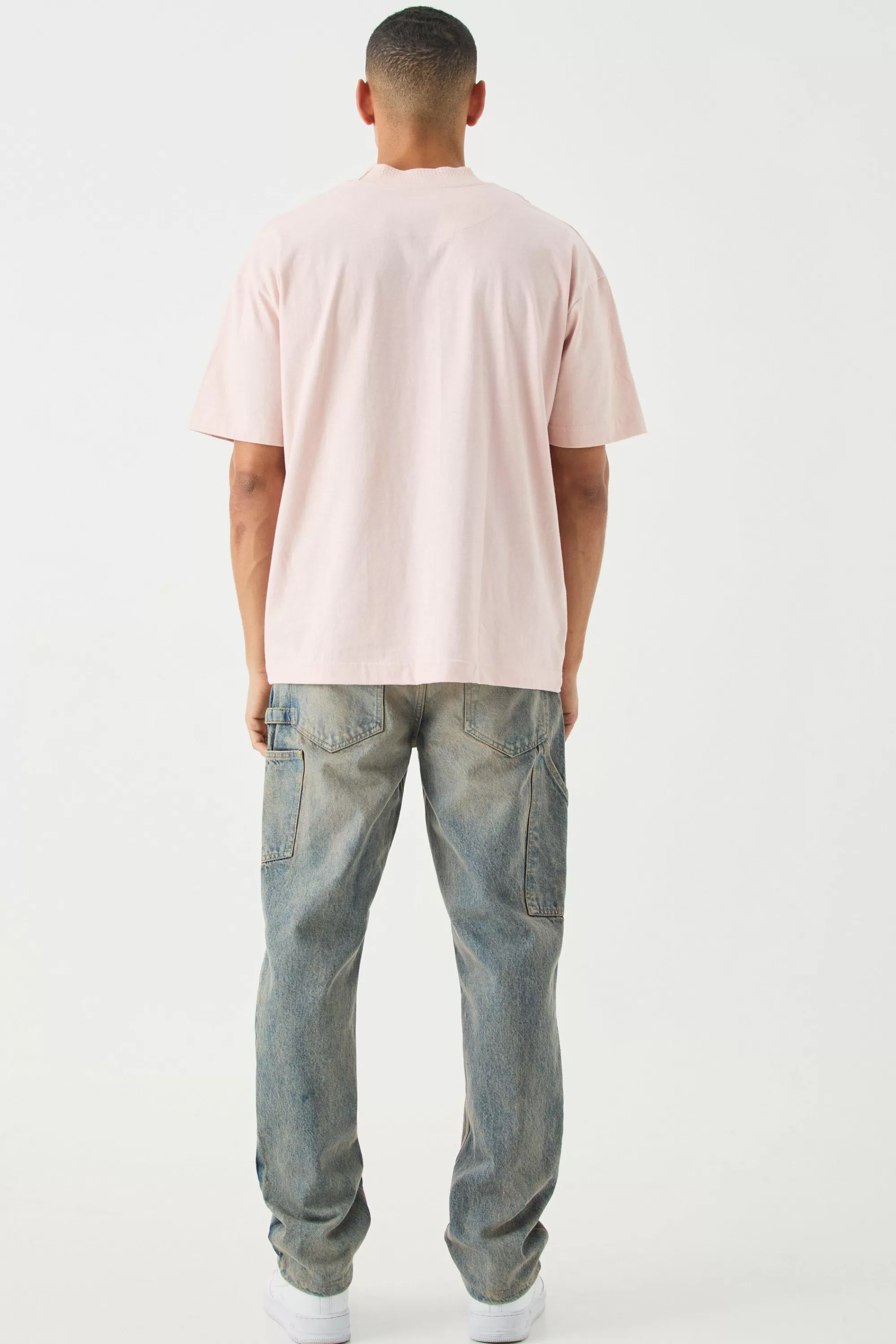 boohooMAN Oversized Heavy Extended Jacqaurd Neck T-shirt | UK pastel pink Outlet