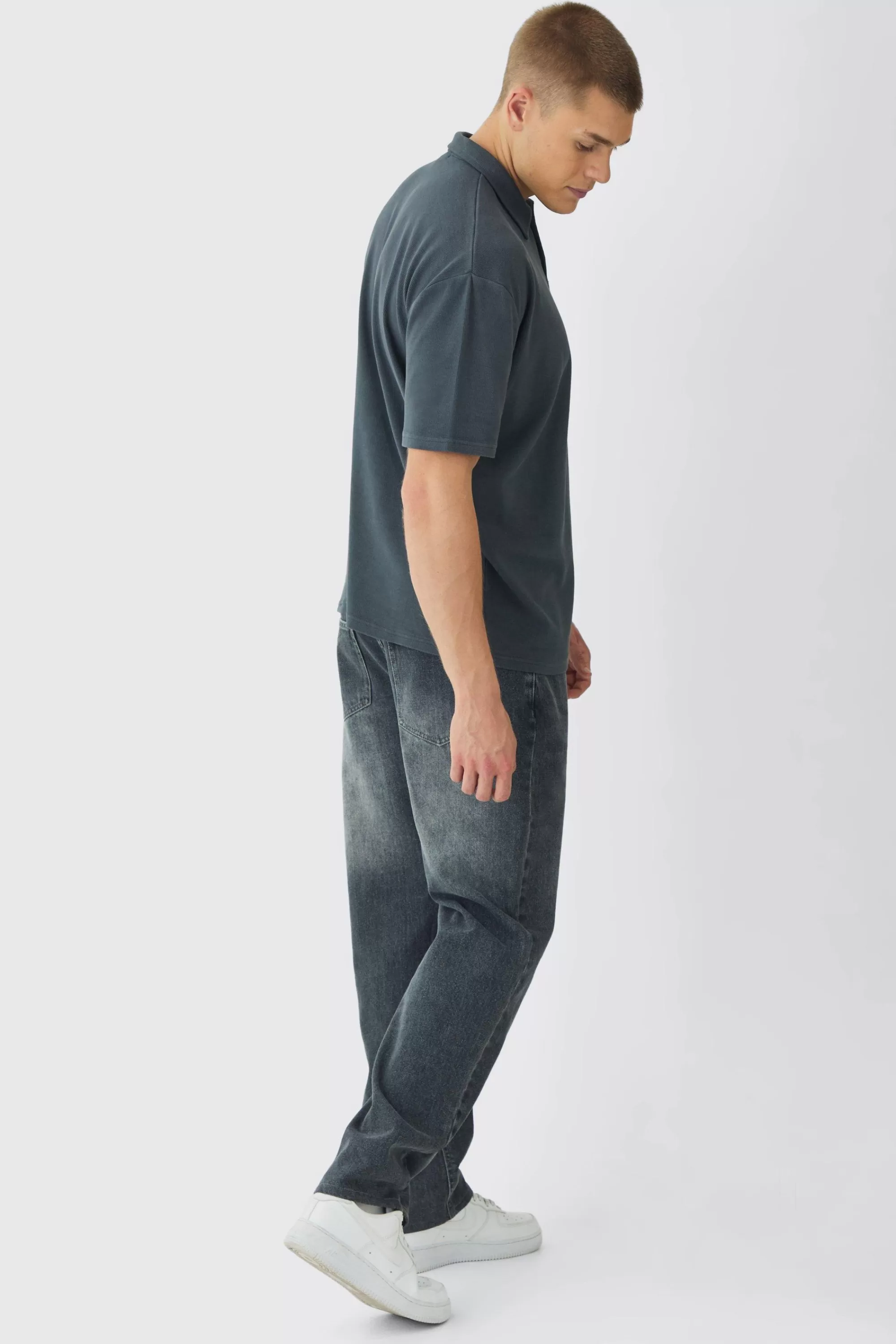boohooMAN Oversized Heavy Rib Washed Polo | UK grey Online