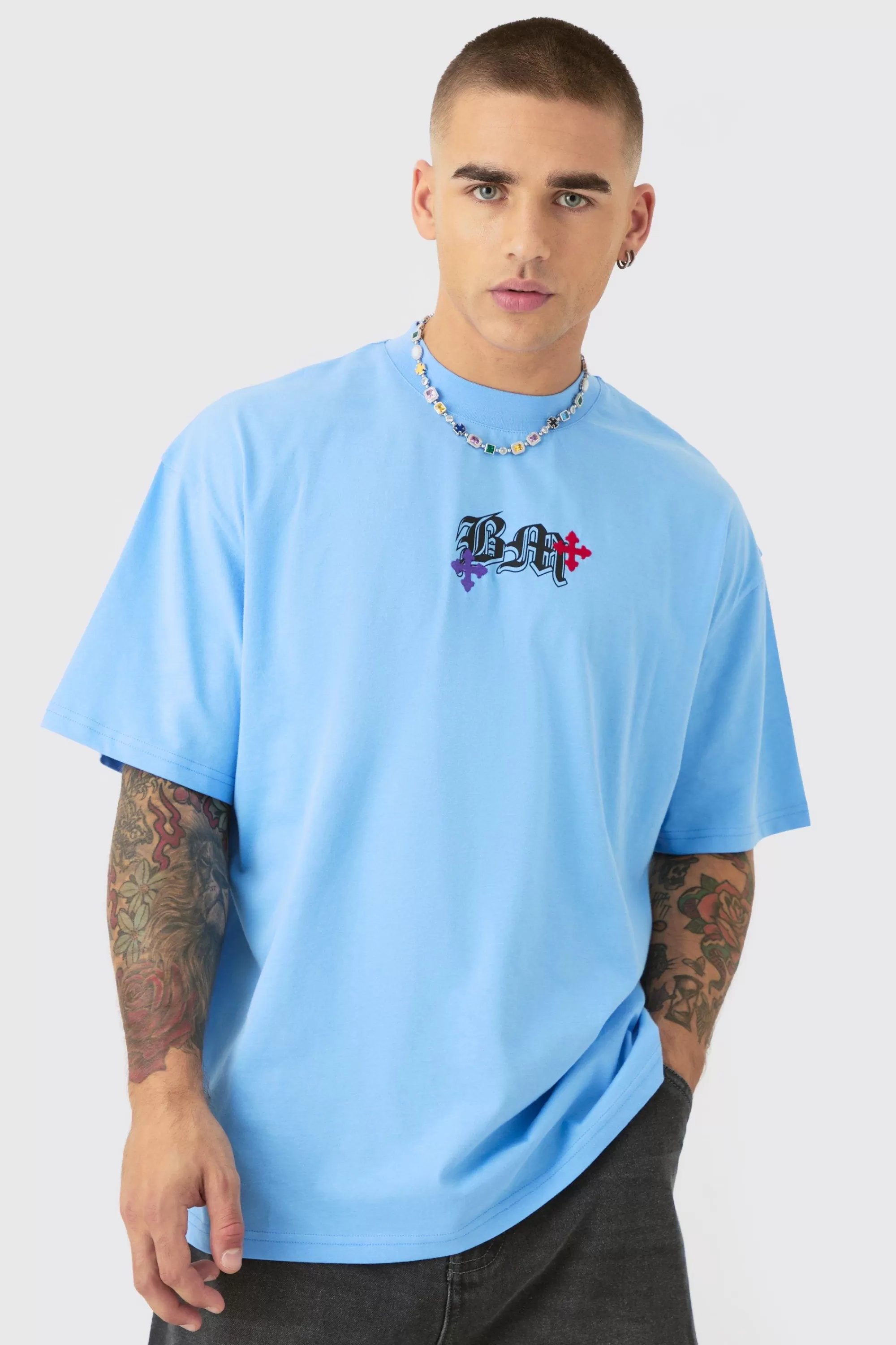 boohooMAN Oversized Heavyweight BM Cross Embroidered T-shirt | UK light blue New