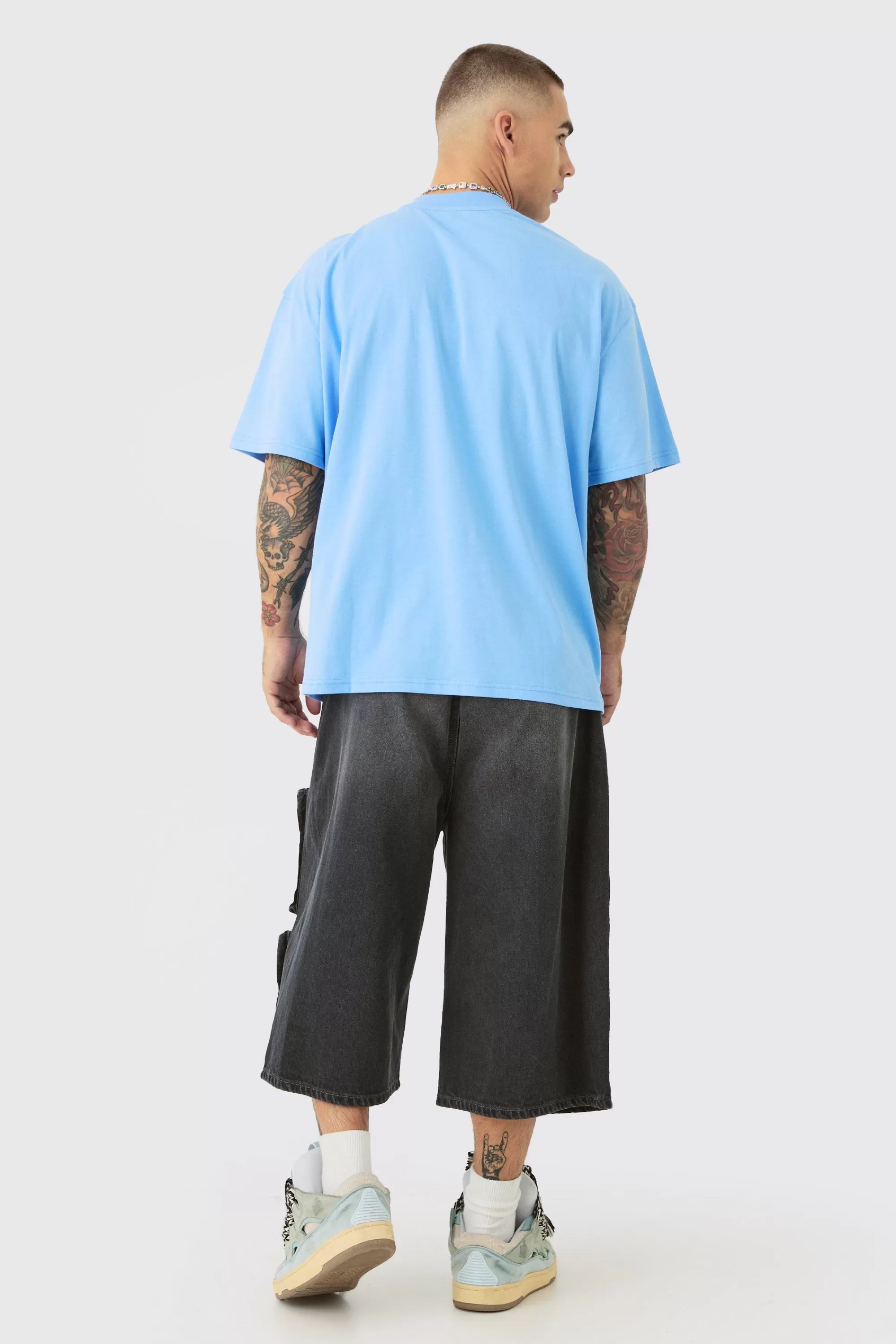 boohooMAN Oversized Heavyweight BM Cross Embroidered T-shirt | UK light blue New