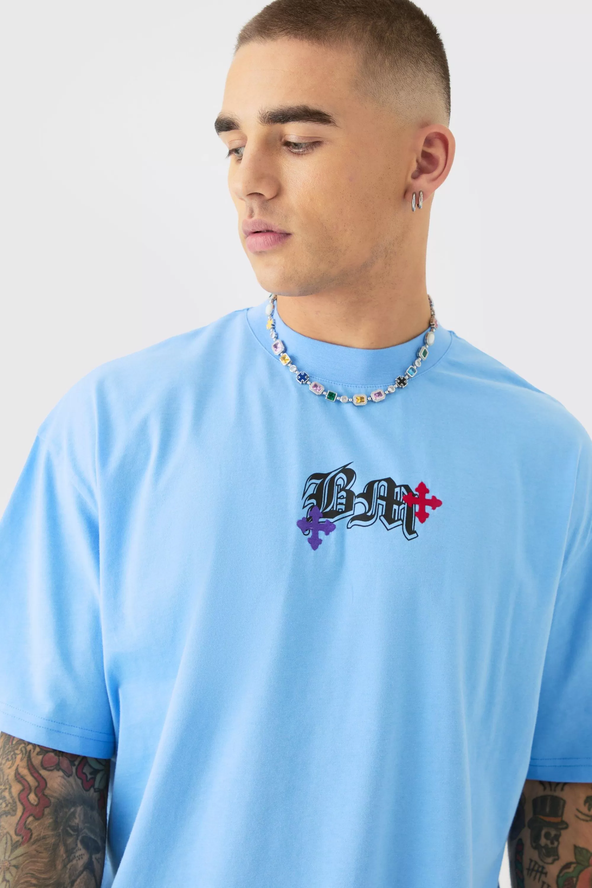 boohooMAN Oversized Heavyweight BM Cross Embroidered T-shirt | UK light blue New