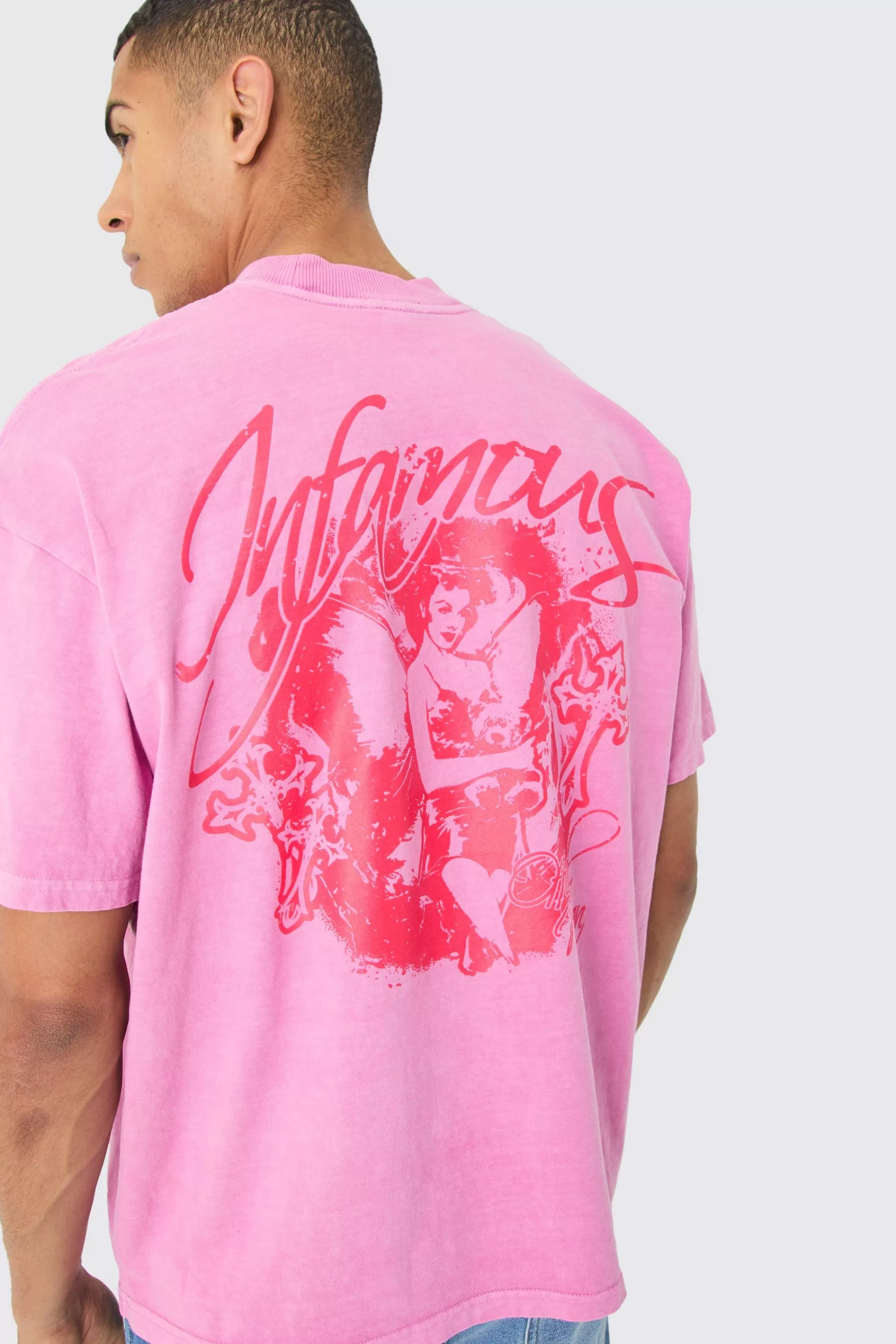 boohooMAN Oversized Heavyweight Overdyed Graphic T-shirt | UK pink Store