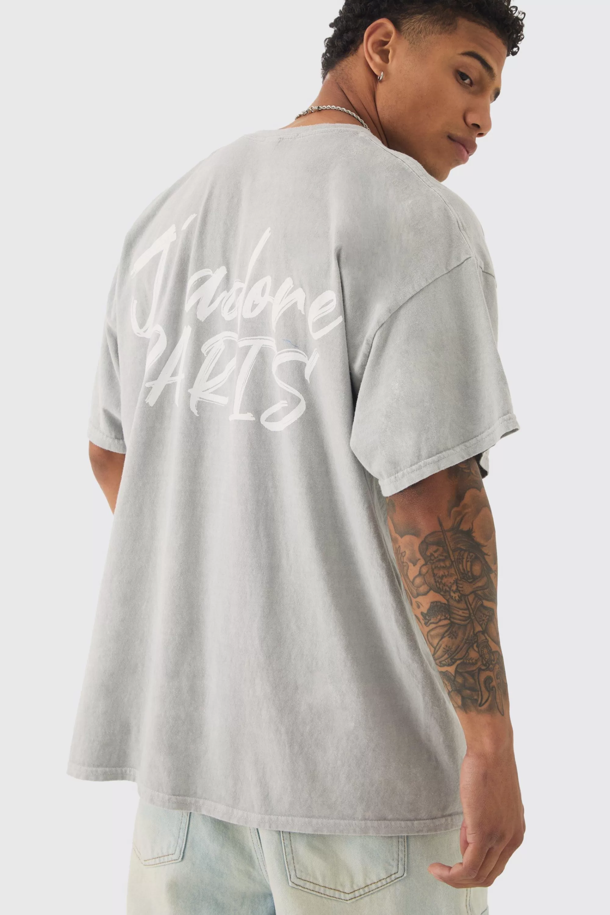 boohooMAN Oversized J'adore Paris Print T-shirt | UK grey Outlet