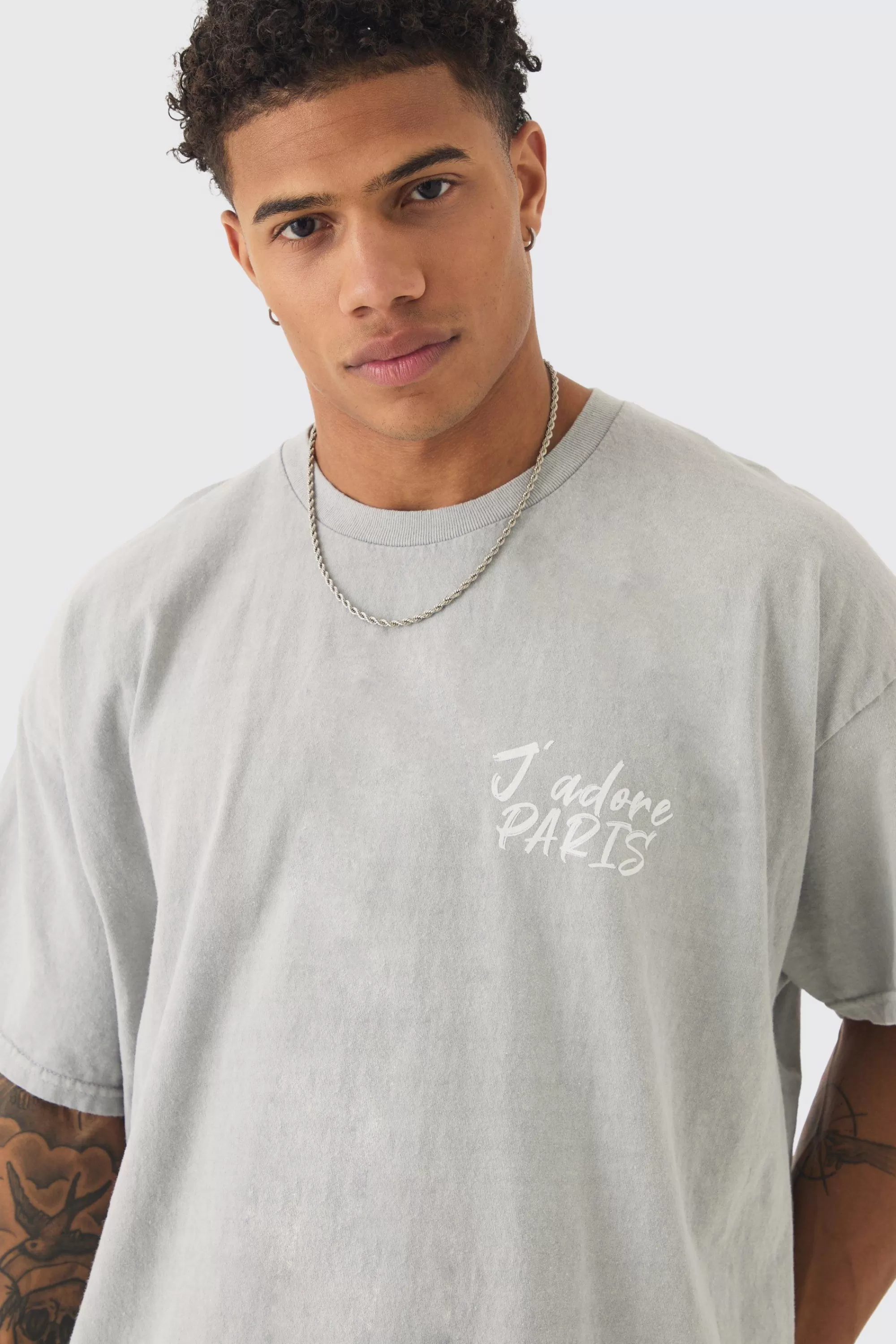 boohooMAN Oversized J'adore Paris Print T-shirt | UK grey Outlet