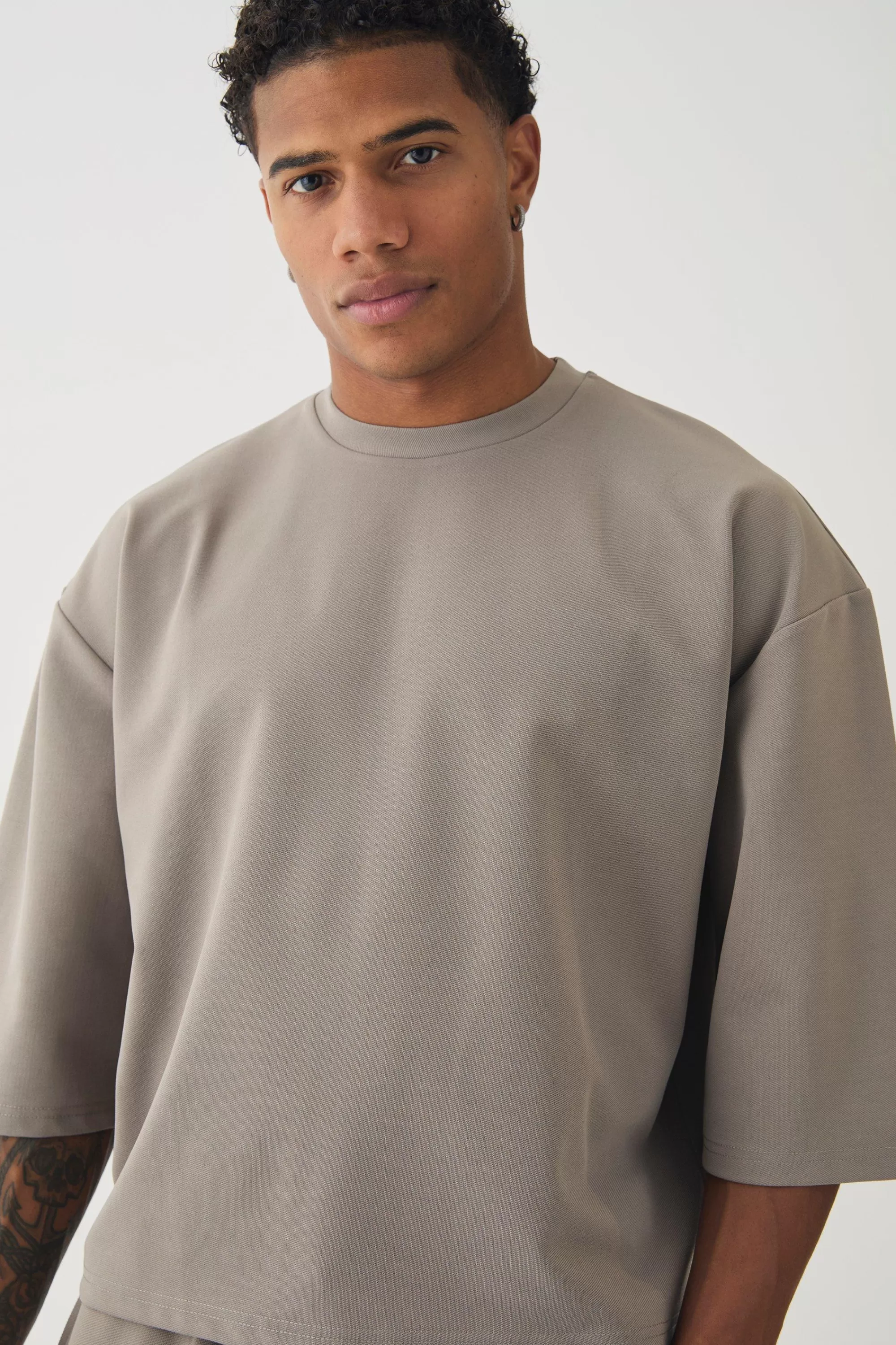 boohooMAN Oversized Jersey Twill Extra Boxy Half Sleeve T-shirt | UK taupe Cheap