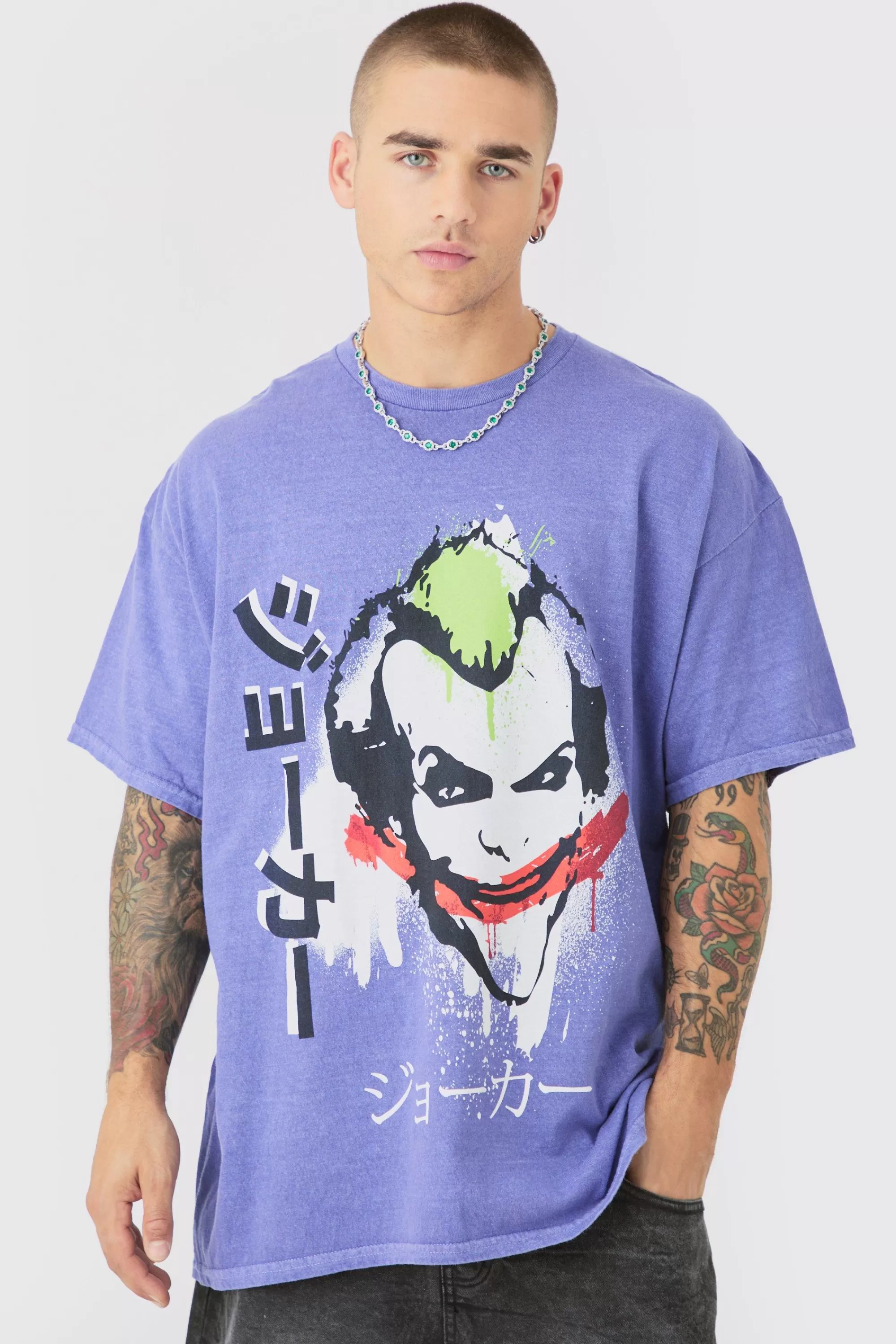 boohooMAN Oversized Joker Anime Wash License T-shirt | UK purple New