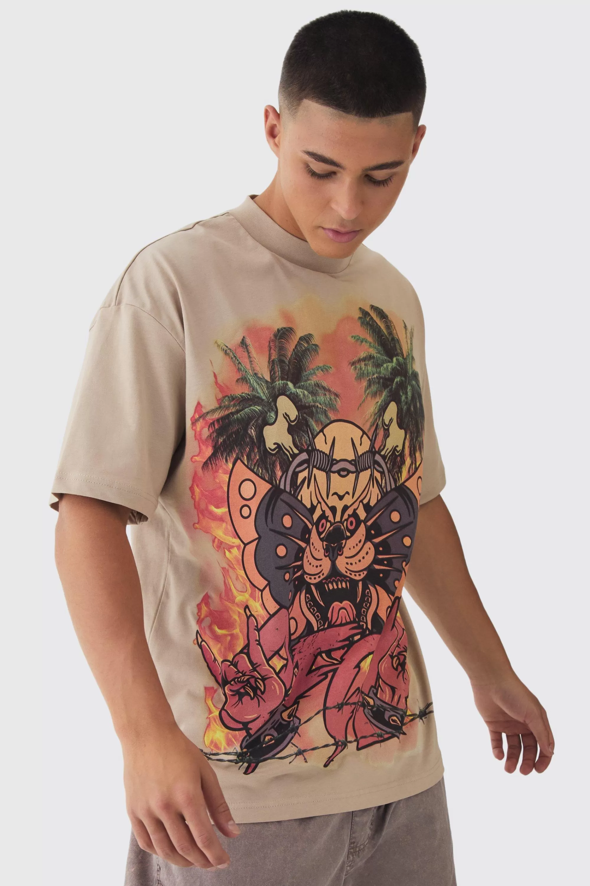 boohooMAN Oversized Large Scale OFCL Tattoo Graphic T-Shirt | UK taupe Flash Sale