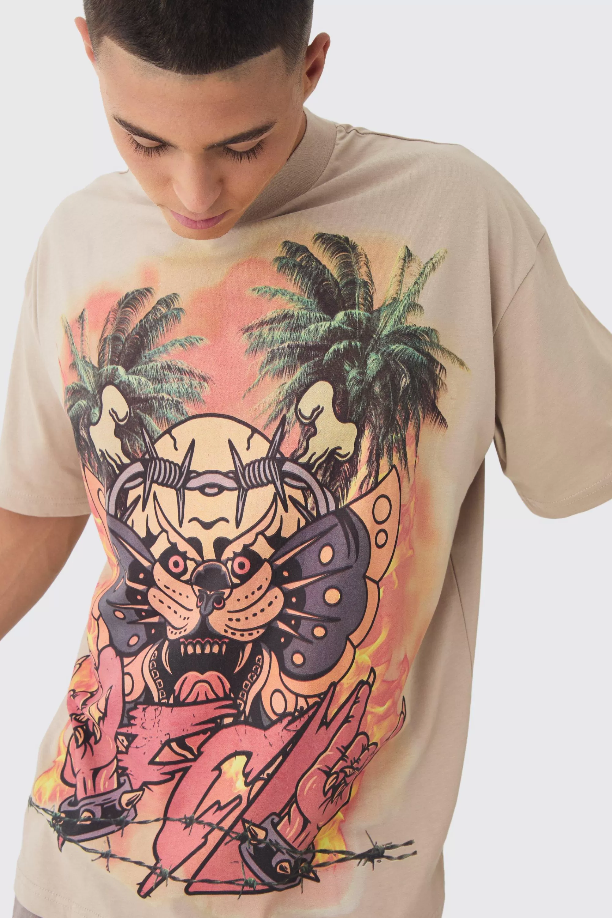 boohooMAN Oversized Large Scale OFCL Tattoo Graphic T-Shirt | UK taupe Flash Sale