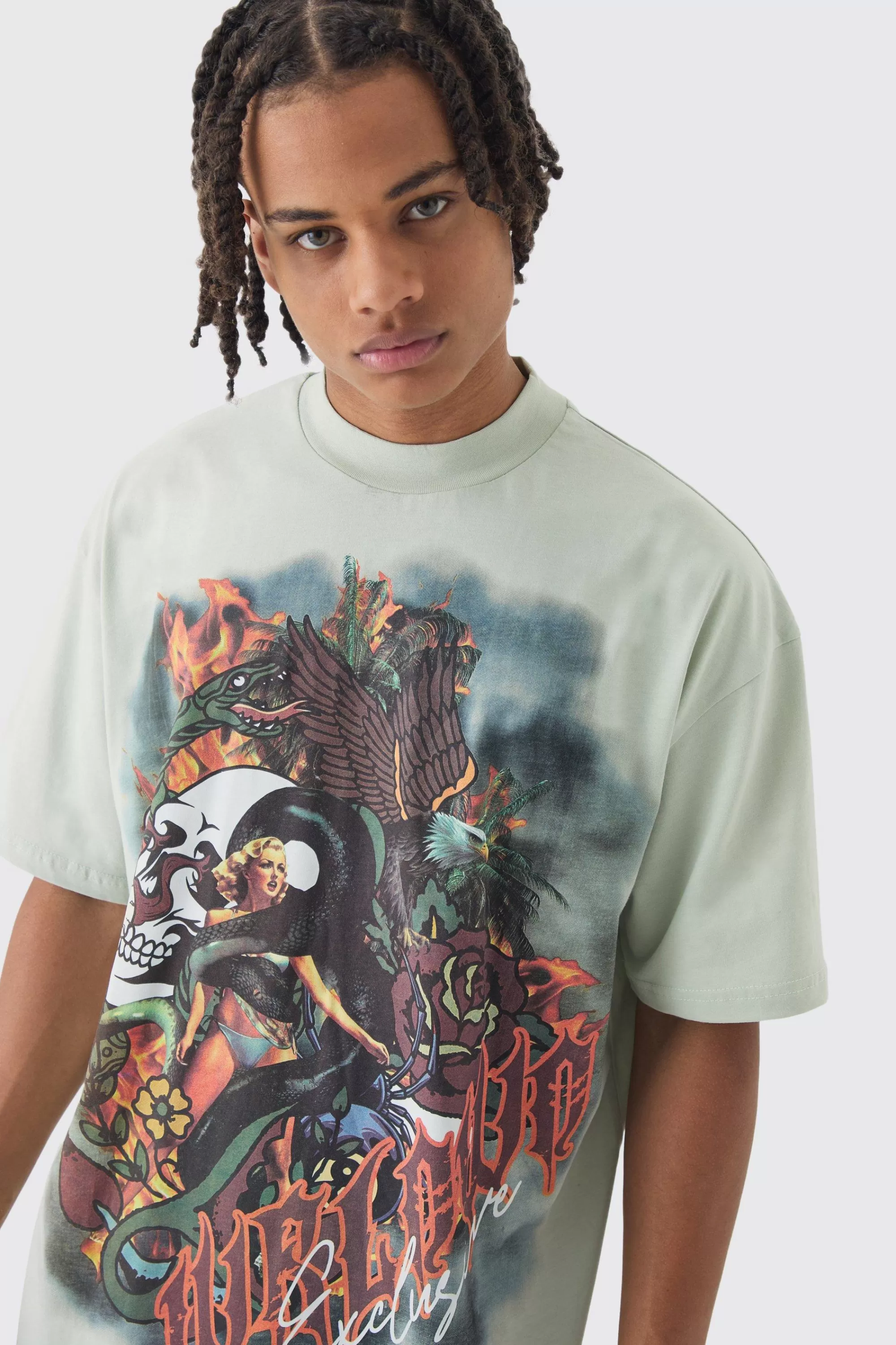 boohooMAN Oversized Large Scale Worldwide Tattoo Graphic T-Shirt | UK sage Discount