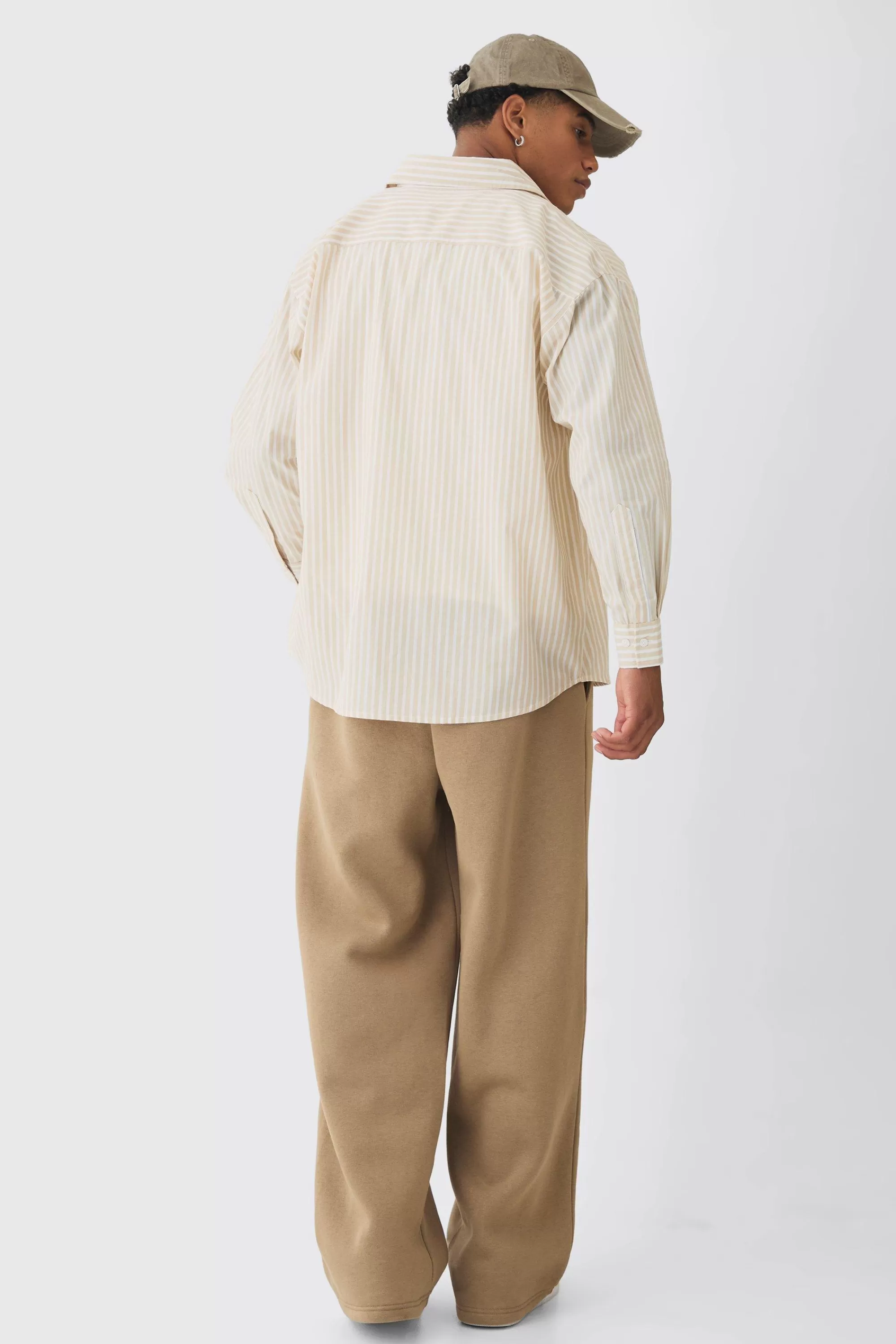 boohooMAN Oversized Long Sleeve Striped Shirt In | UK stone Fashion