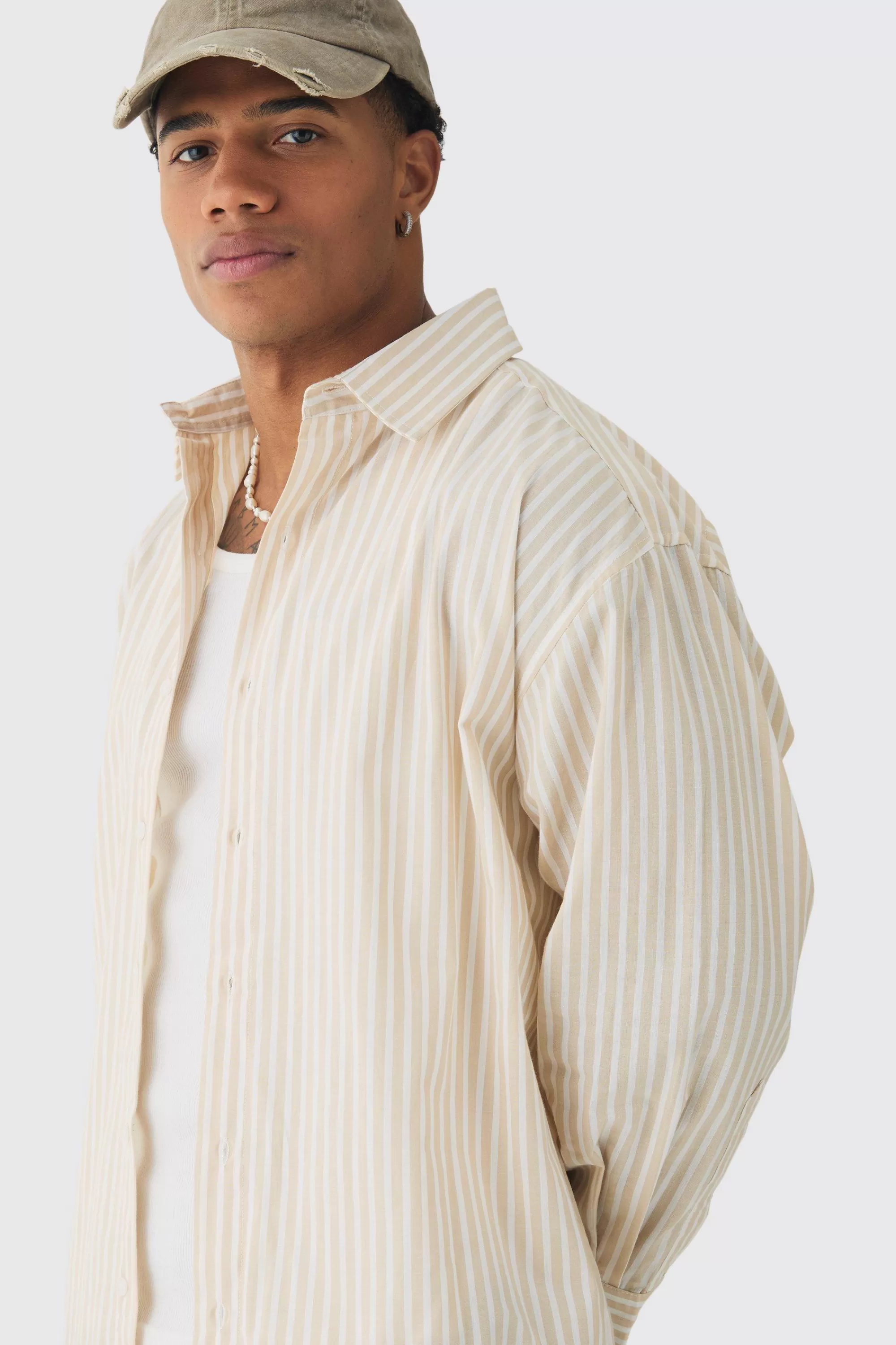 boohooMAN Oversized Long Sleeve Striped Shirt In | UK stone Fashion