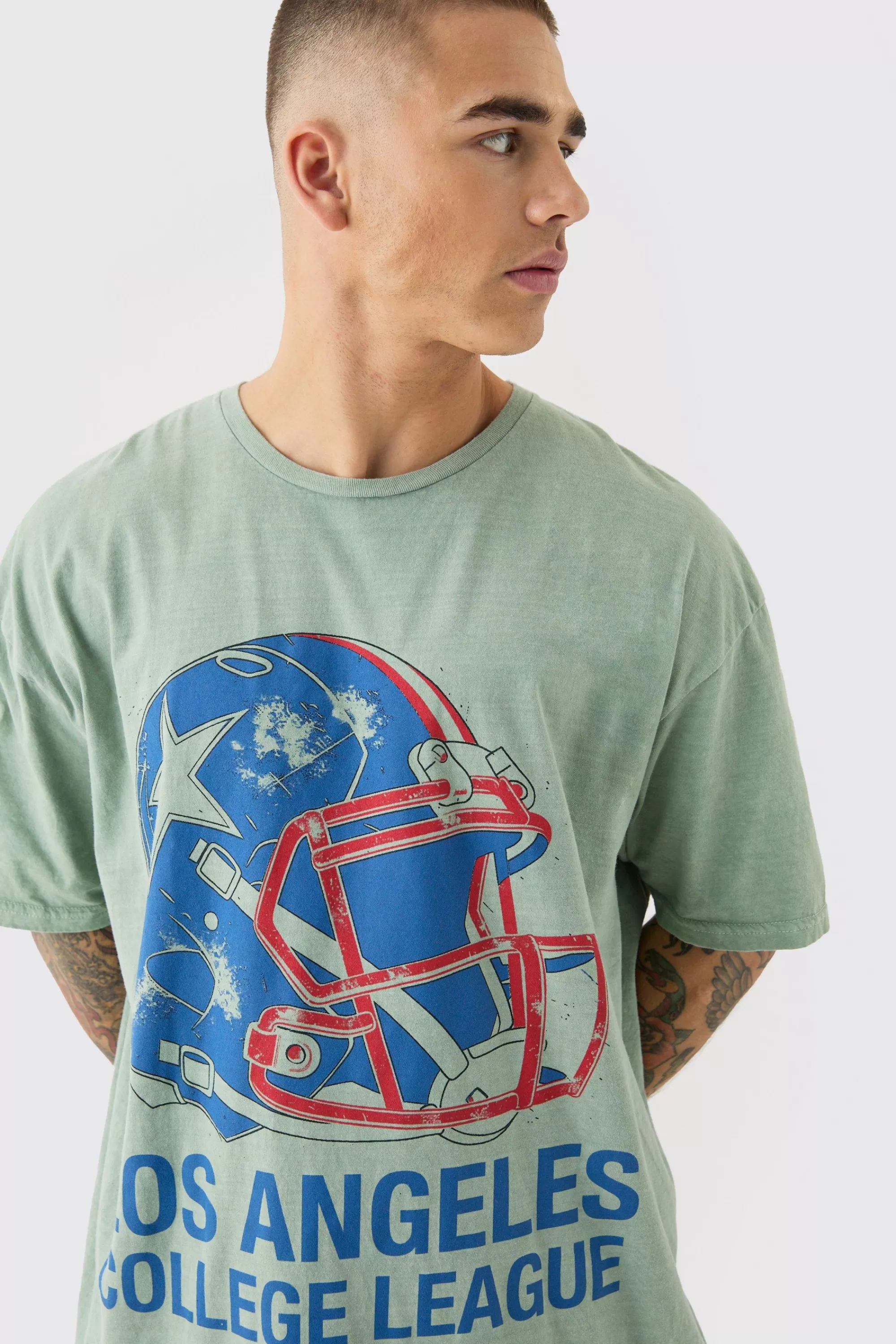 boohooMAN Oversized Los Angeles Varsity Wash T-shirt | UK khaki Cheap