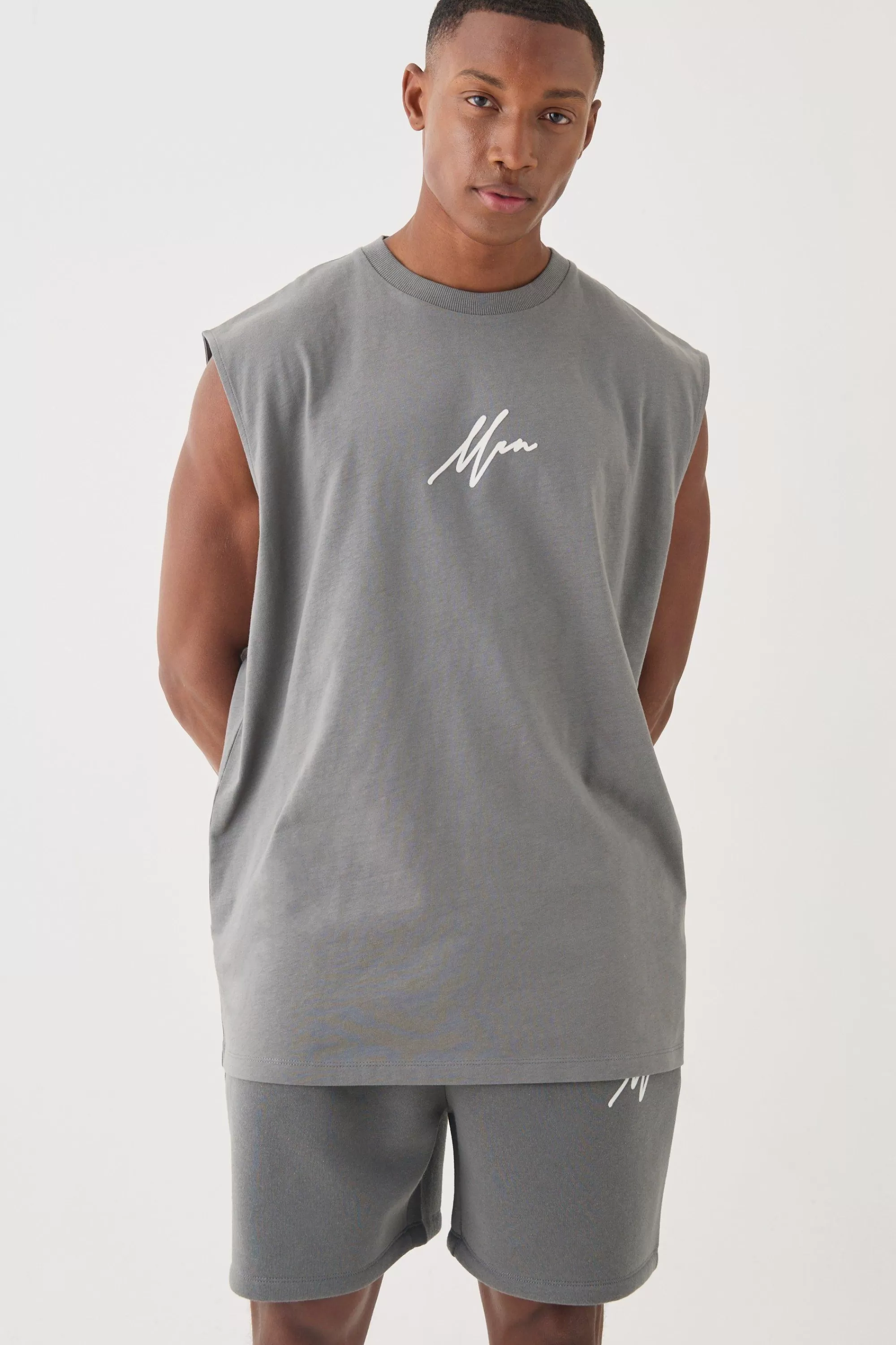 boohooMAN Oversized Man Flock Printed Tank & Short Set | UK charcoal Sale