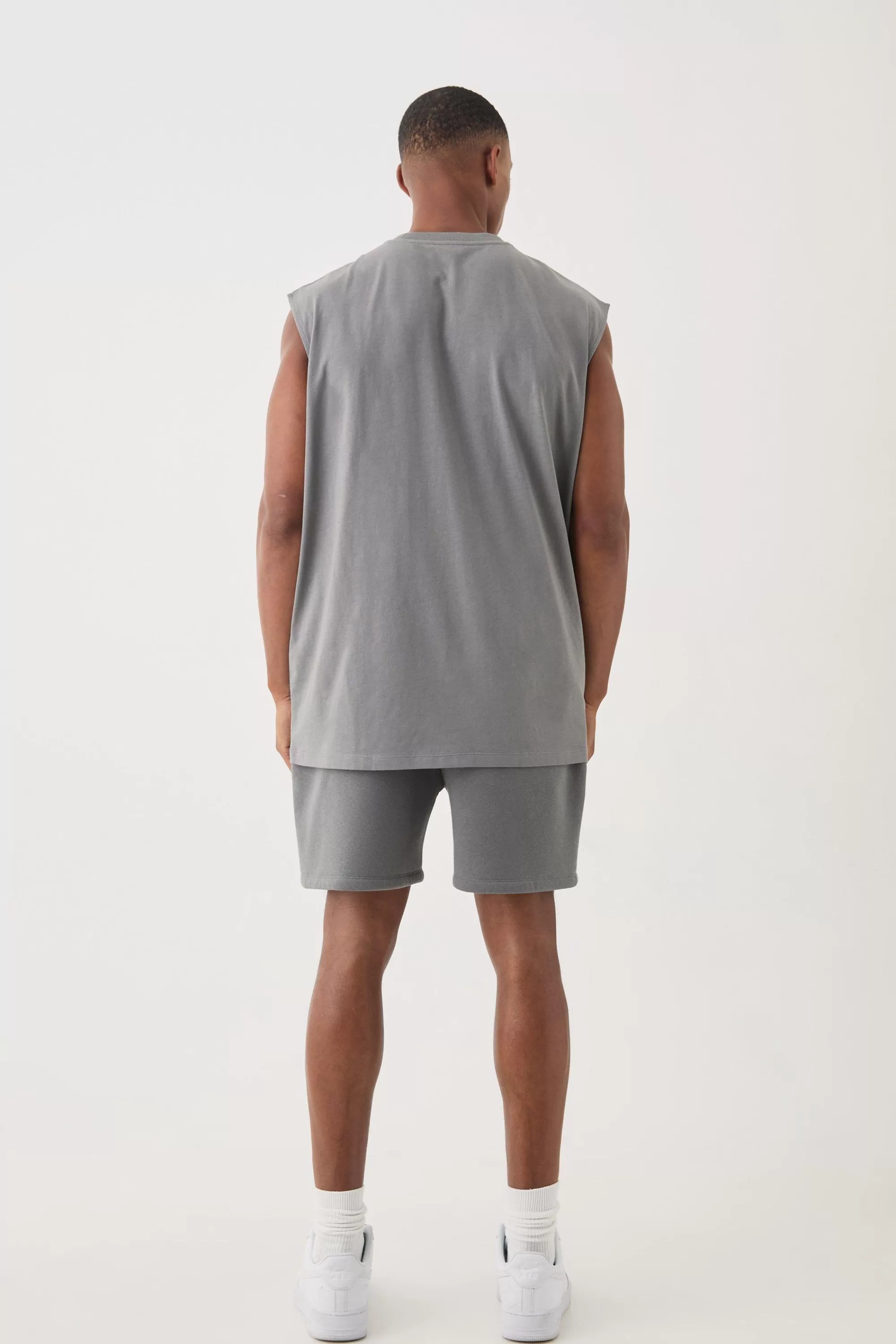 boohooMAN Oversized Man Flock Printed Tank & Short Set | UK charcoal Sale