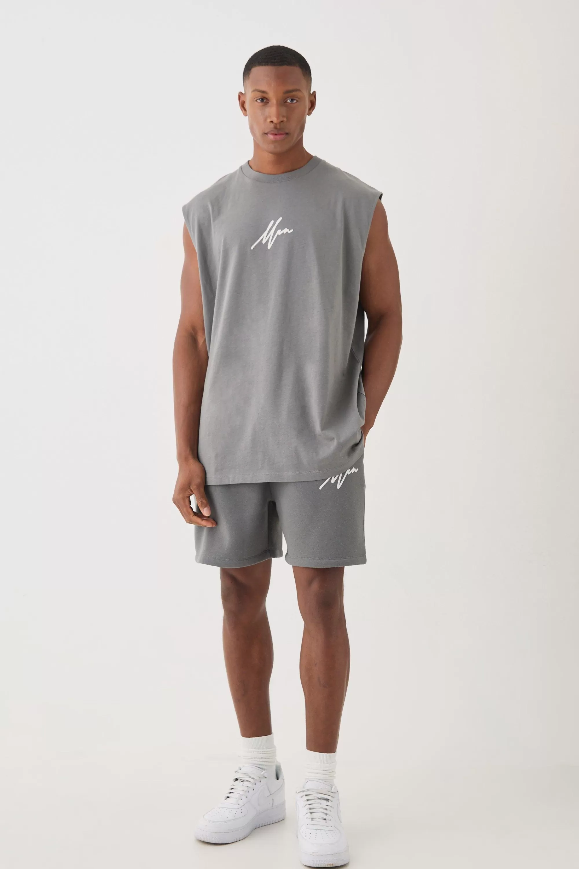 boohooMAN Oversized Man Flock Printed Tank & Short Set | UK charcoal Sale